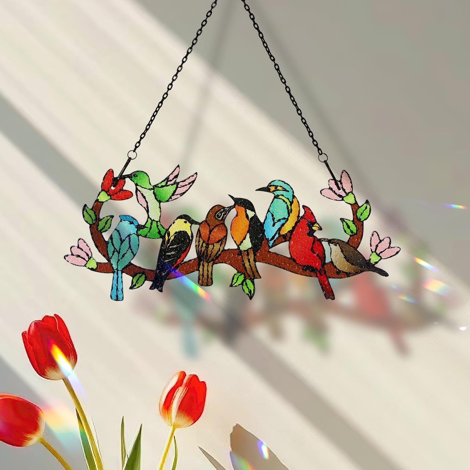 Stained Glass Birds on Branch Suncatcher, Cardinal Hummingbird Kingfisher Double Sided Window Hanging Ornament, Gift for Bird Lovers