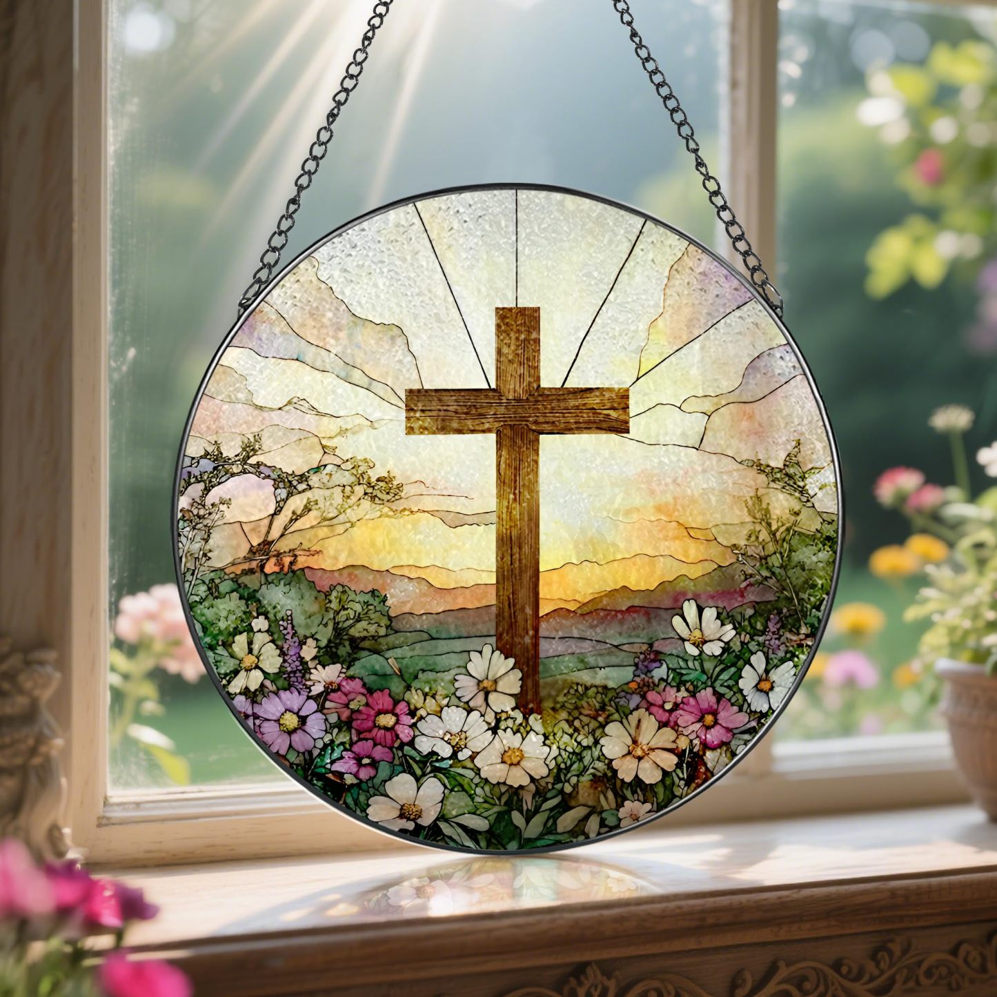 8 Inch Stained Glass Cross with Wildflowers Suncatcher, Christian Window Hanging Decor, Religious Easter & Faith Gift