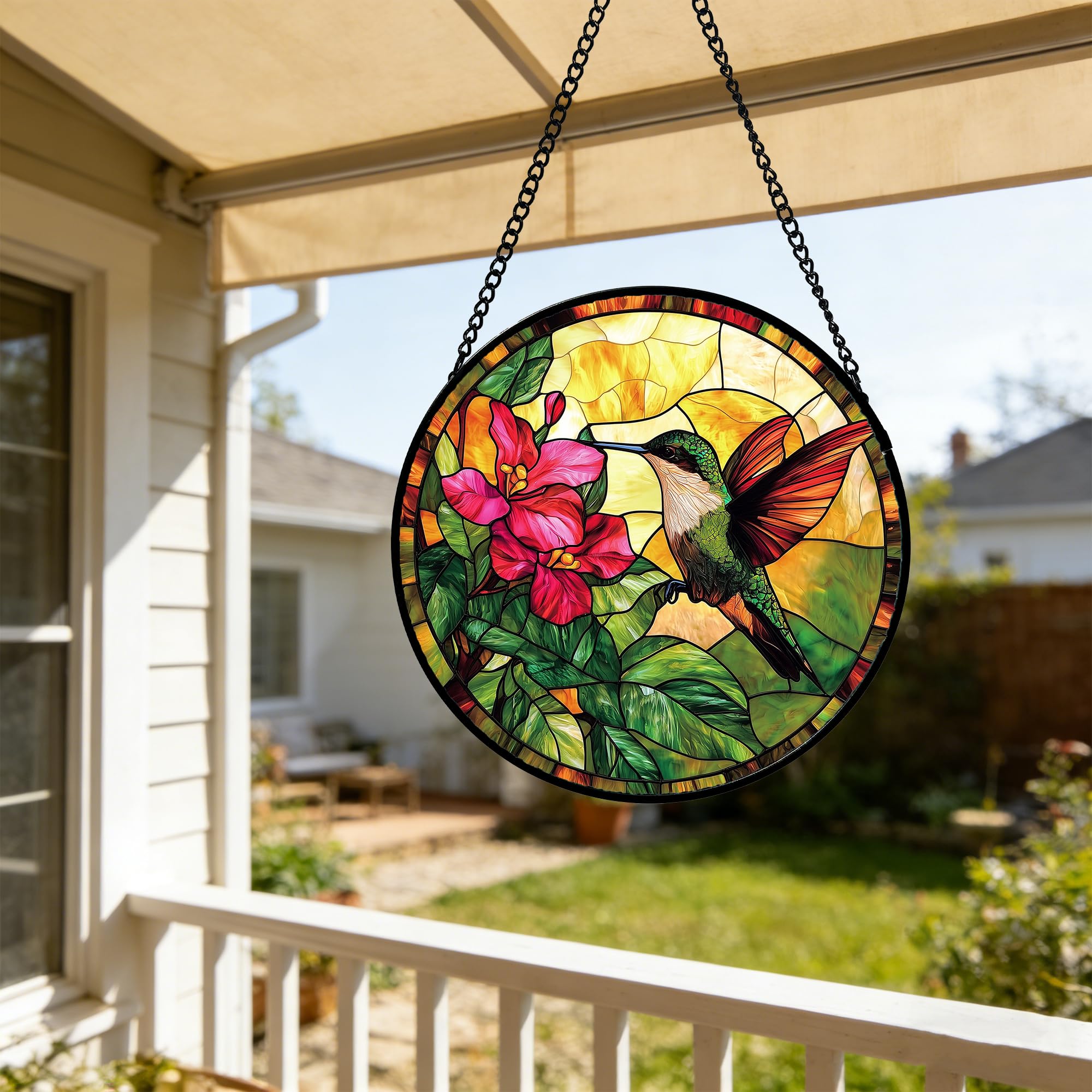 6.3 Inch Hummingbird & Red Flower Stained Glass Suncatcher, Window Hanging Ornament, Birthday & Mother’s Day Gift for Bird Lovers, Mom and Nana