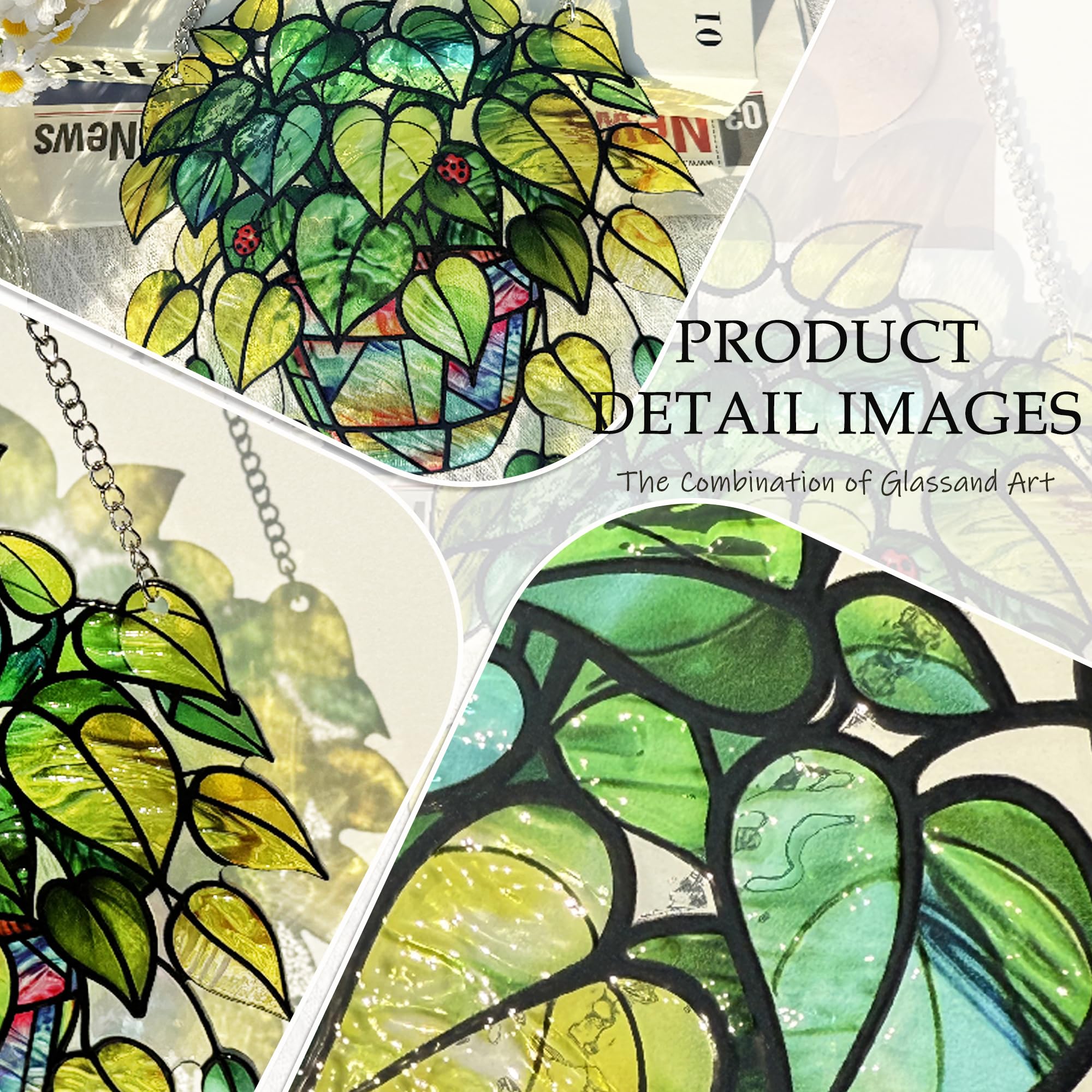 Leaf Plant Stained Glass Suncatcher, Window Hanging Ornament, Unique Gift for Nature Lovers