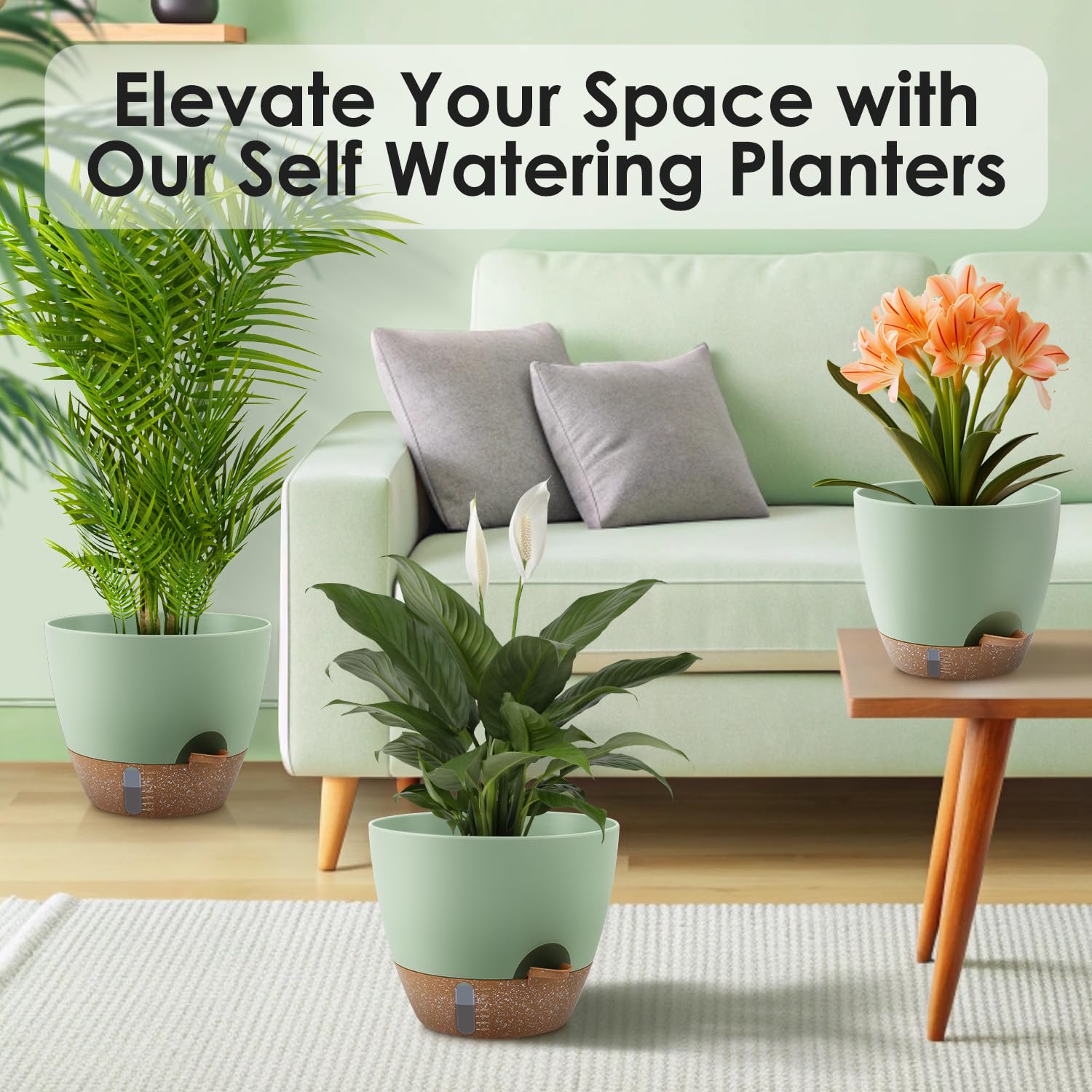Self-Watering Plant Pots with Water Level Indicator & Drainage Holes – 12/10/9 Inch Large Plastic Planters for Indoor & Outdoor Plants
