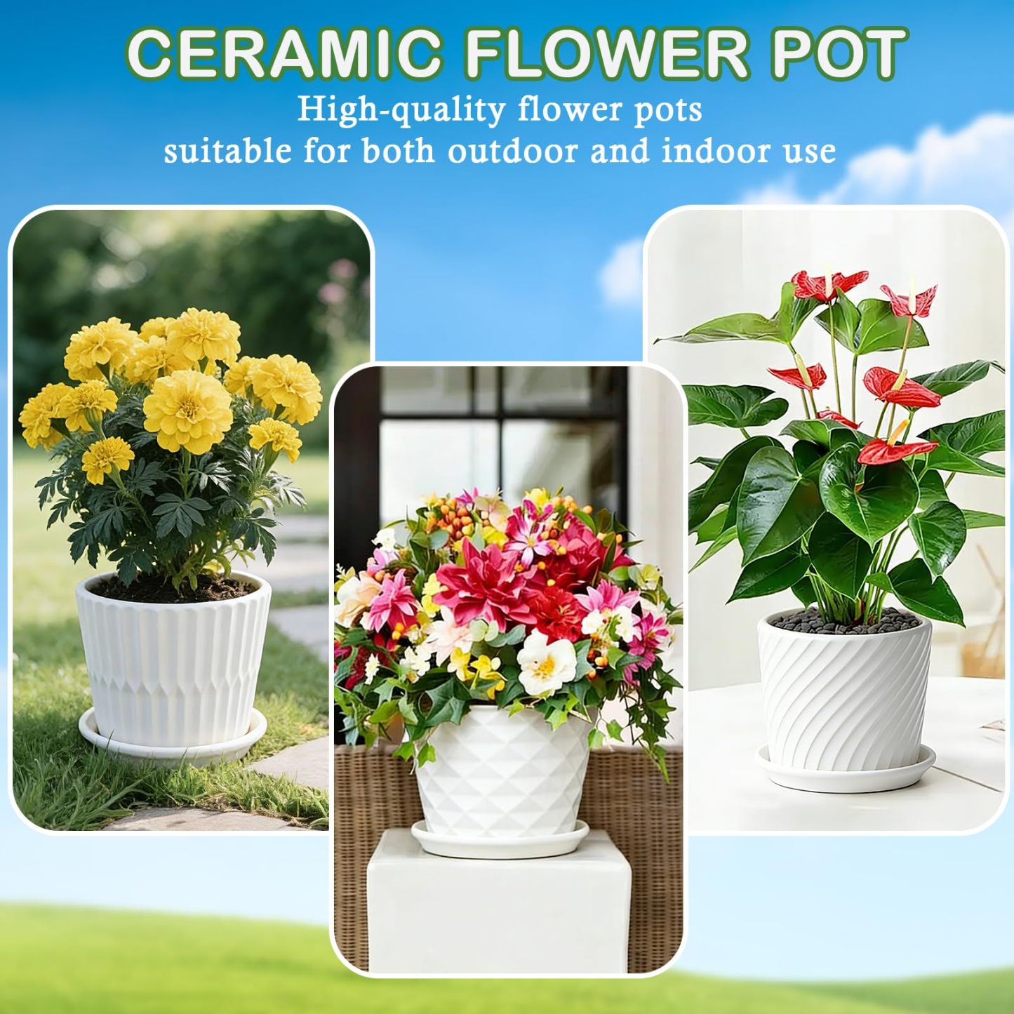 4 Pack 5.5 Inch White Ceramic Planter Set – Cylinder Pots with Connected Saucer  for Succuelnt and Little Snake Plants
