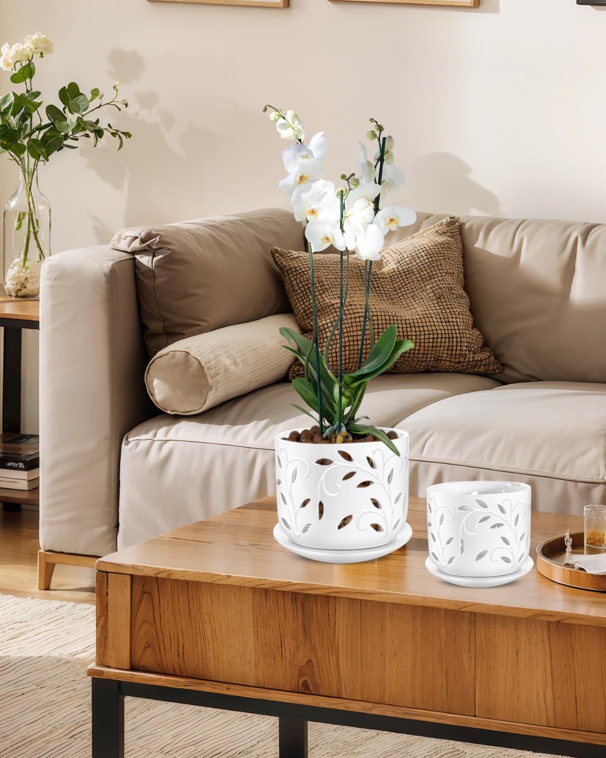White Ceramic Orchid Pot Set (5 + 6 Inch) with Drainage Holes & Saucers for Indoor & Outdoor Use