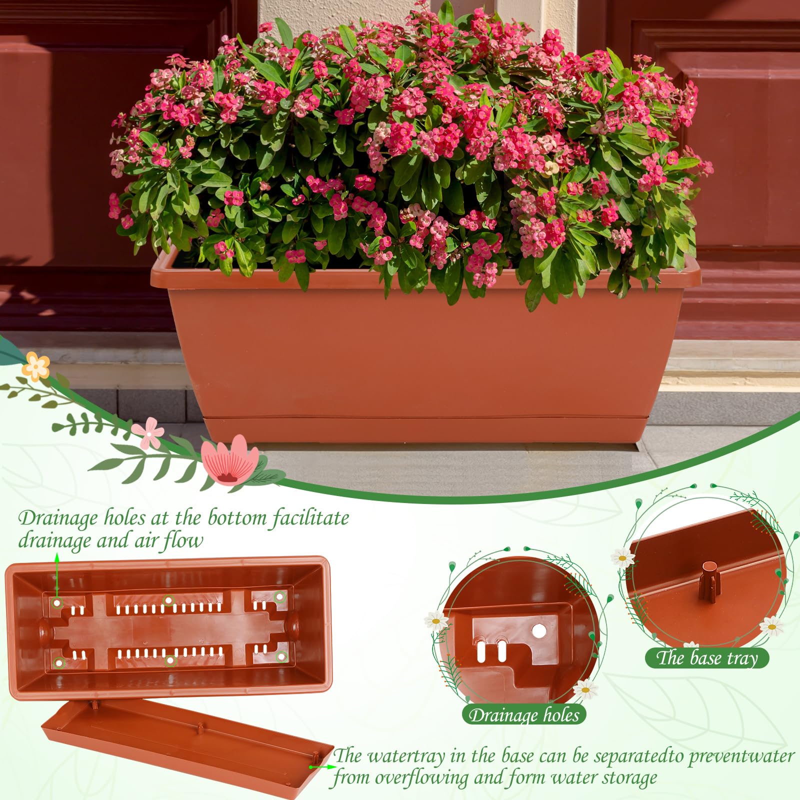 12 Pack 17 Inch Rectangle Plastic Planter Boxes with Drainage Holes & Trays – Flower Pots for Indoor & Outdoor Patio, Garden, Porch & Home Decor