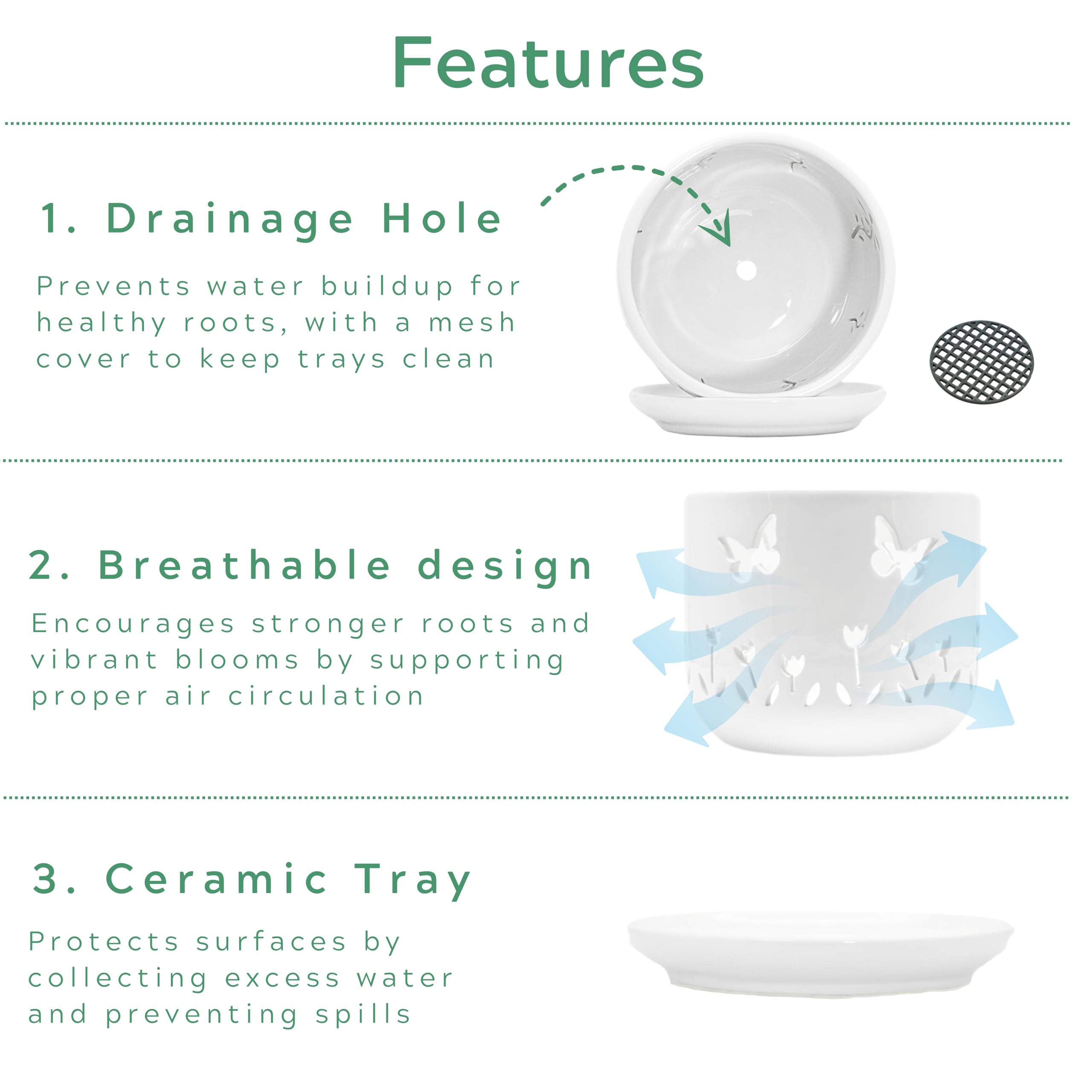 2 Pack White Ceramic Orchid Pots with Butterfly & Tulip Design, 5+6 Inch Planters with Drainage Holes & Saucers for Indoor Outdoor Repotting