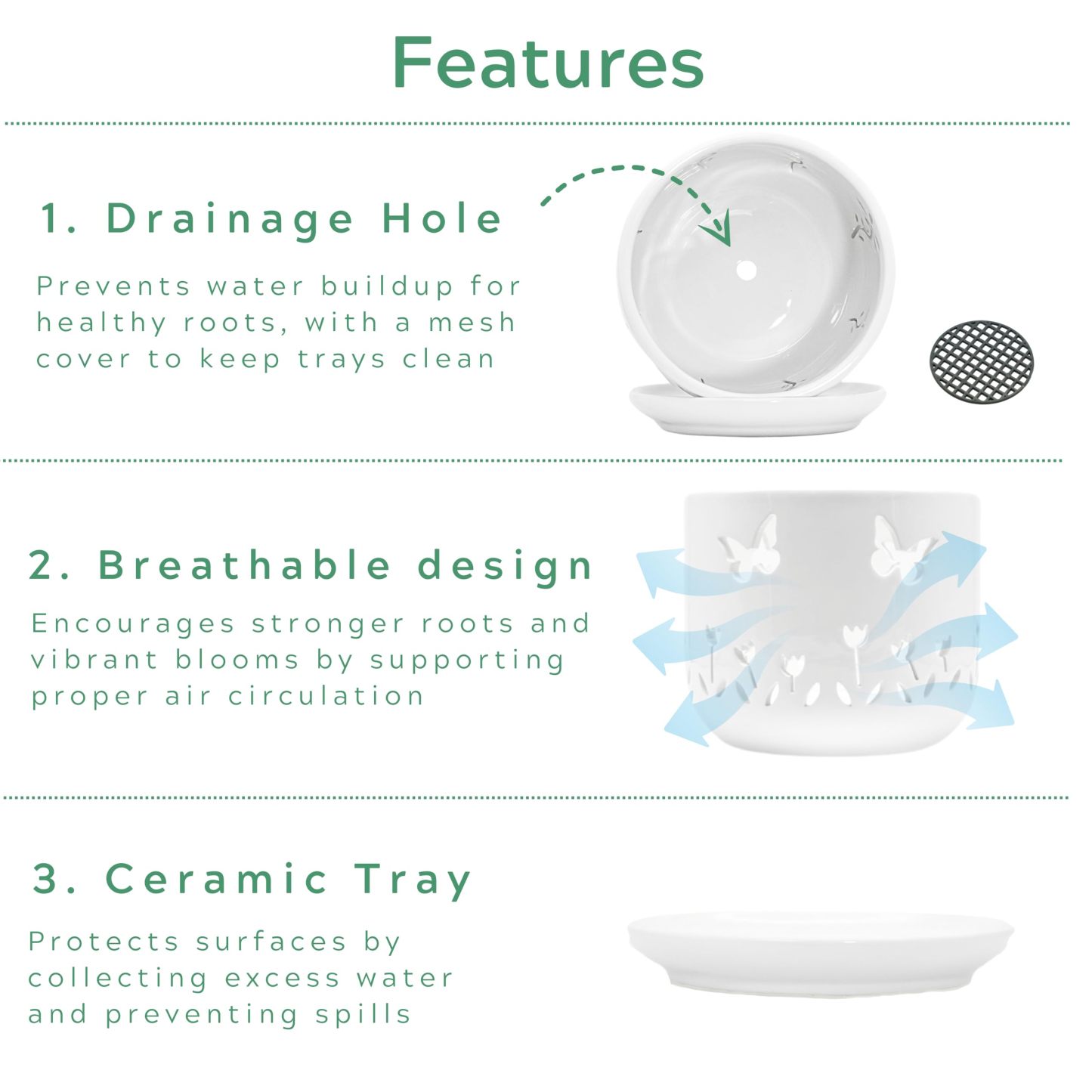 2 Pack White Ceramic Orchid Pots with Butterfly & Tulip Design, 5+6 Inch Planters with Drainage Holes & Saucers for Indoor Outdoor Repotting