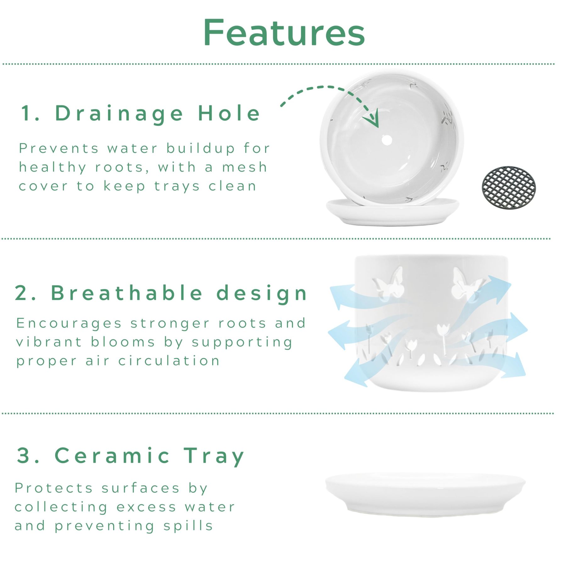 2 Pack White Ceramic Orchid Pots with Butterfly & Tulip Design, 5+6 Inch Planters with Drainage Holes & Saucers for Indoor Outdoor Repotting