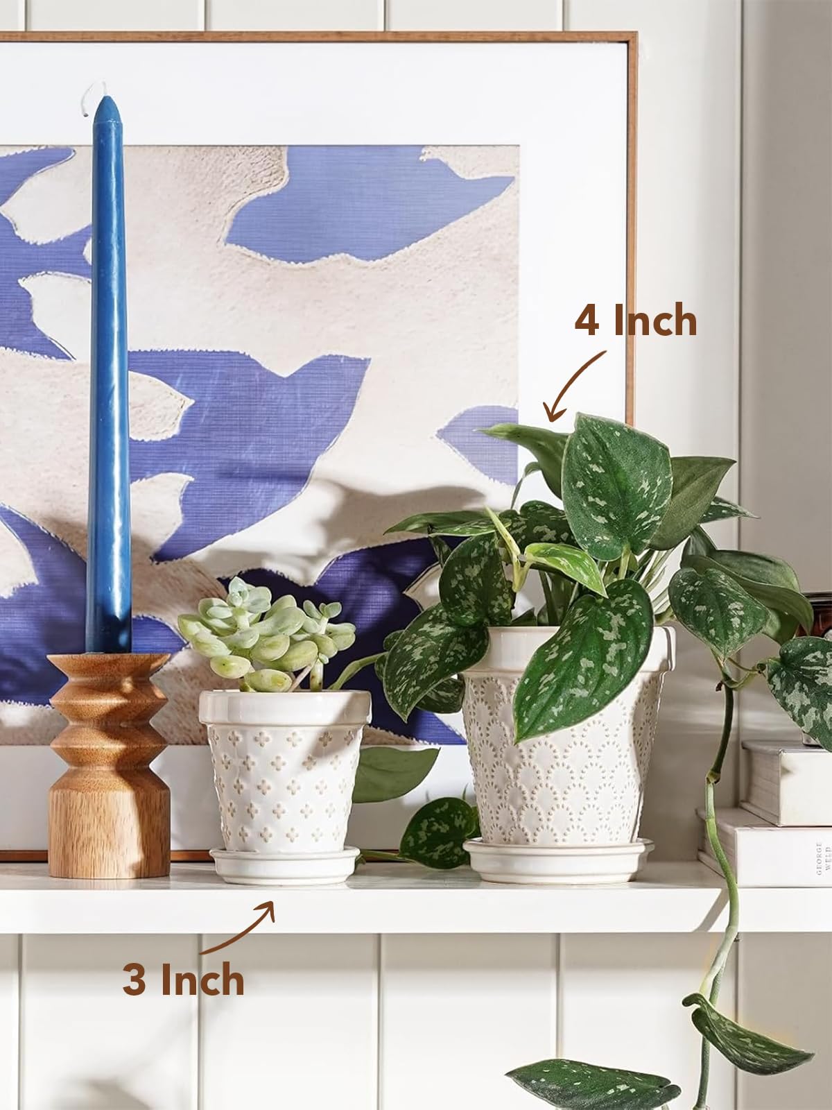 Set of 4 Arctic White Ceramic Succulent Pots, 4 Inch Small Embossed Planters with Drainage Hole & Saucer for Indoor Succulents & Cactus