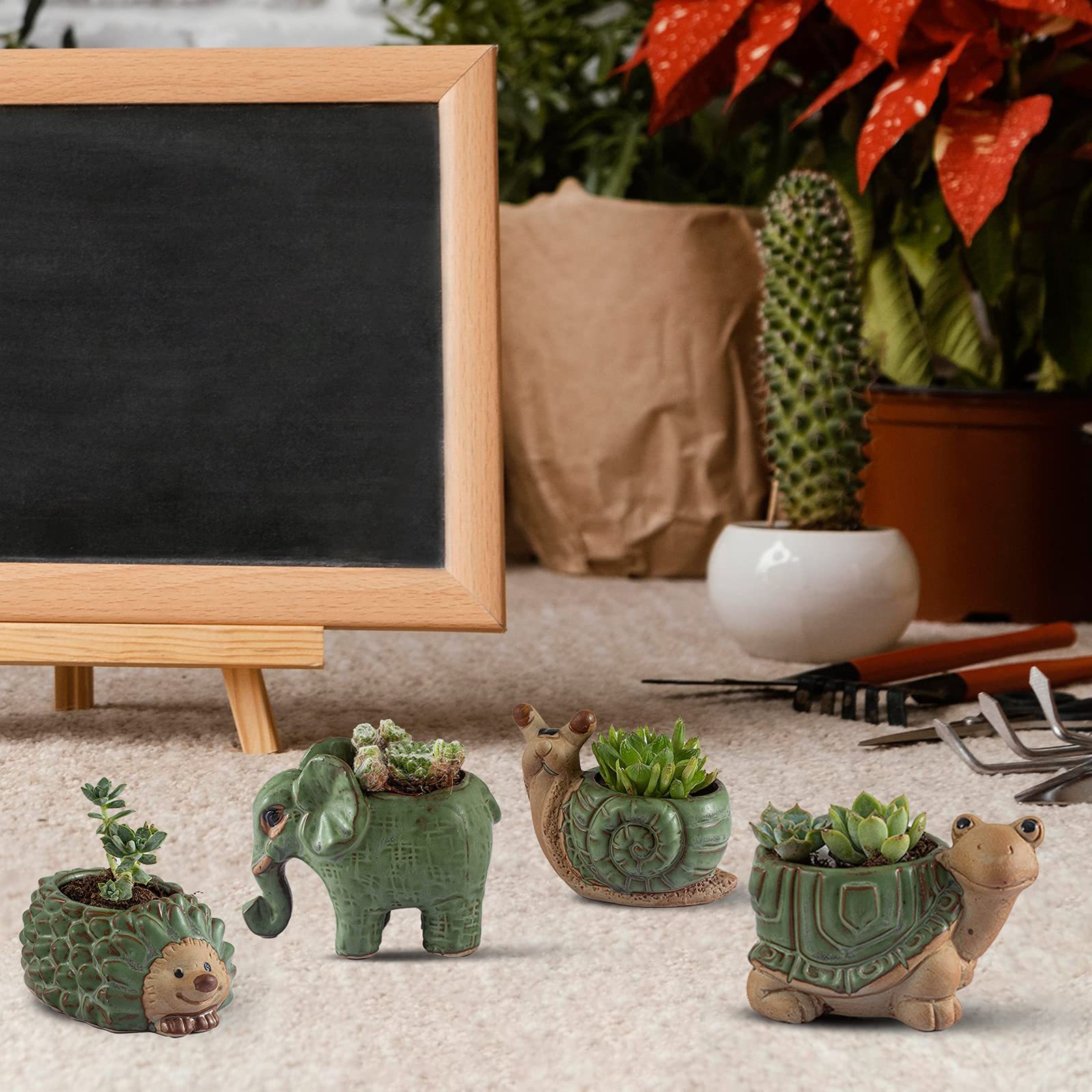 4-Pack Cute Ceramic Animal Succulent Pots with Drainage, Indoor Outdoor Small Planters for Cactus, Bonsai, Home & Office Desk Decor, Perfect Gift