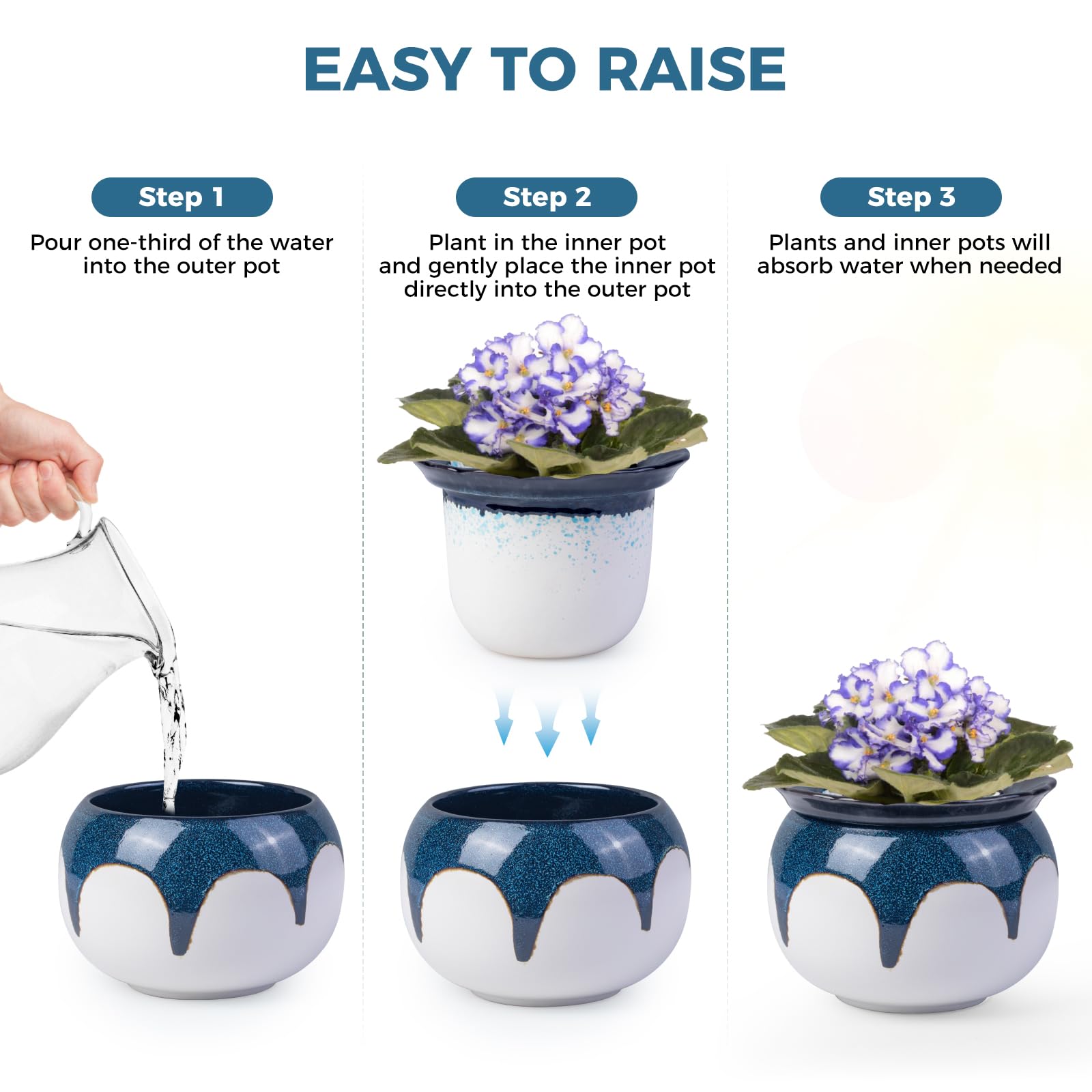 6 Inch Ceramic Self Watering African Violet Pots, Easy Planters for Busy Plant Lovers, Automatic Water Absorption for Indoor Plants (Plants Not Included)