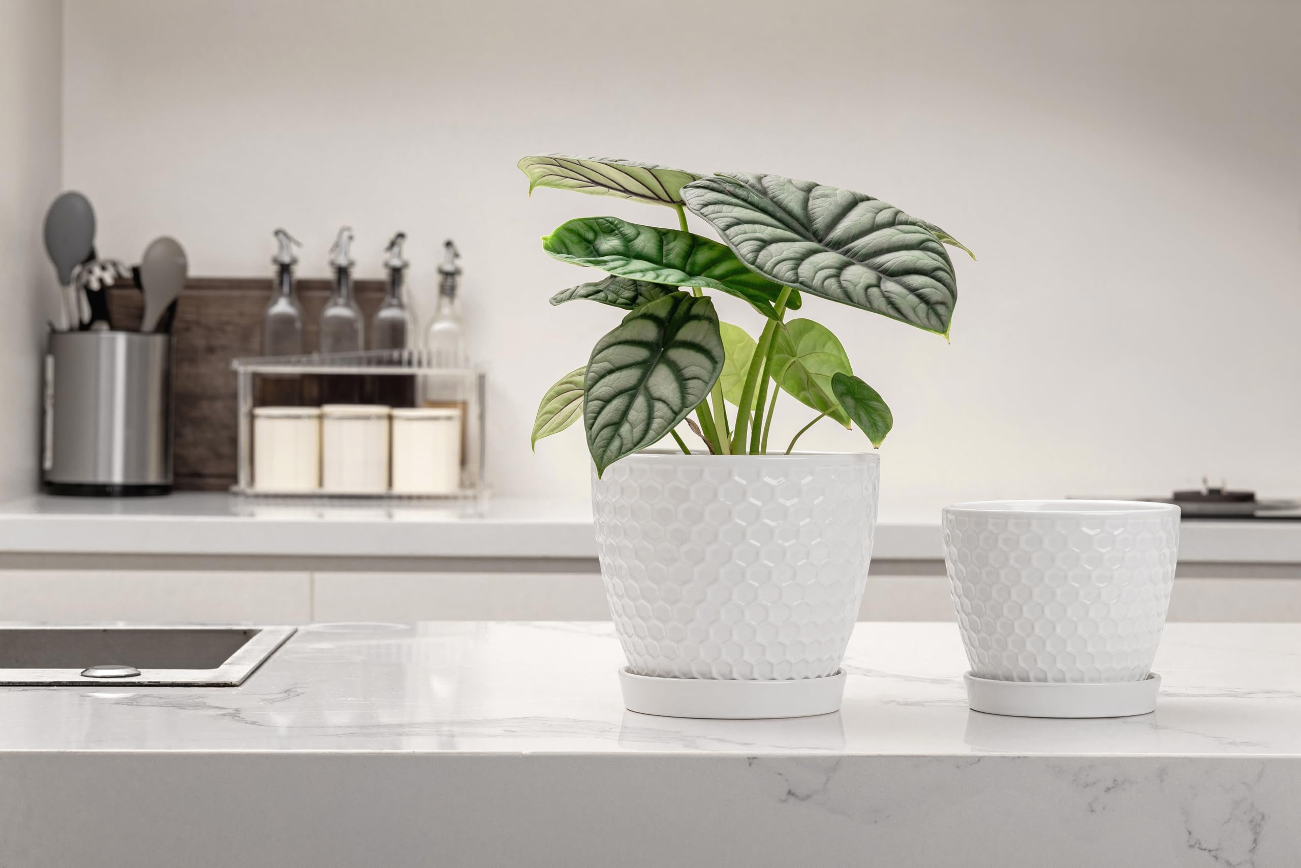 Ceramic Plant Pots Set of 2 (6.6" +5.5"), High-Fired Clay Planters with Drainage Holes & Saucers, Modern Honeycomb Design Home Decor for All Indoor House Plants