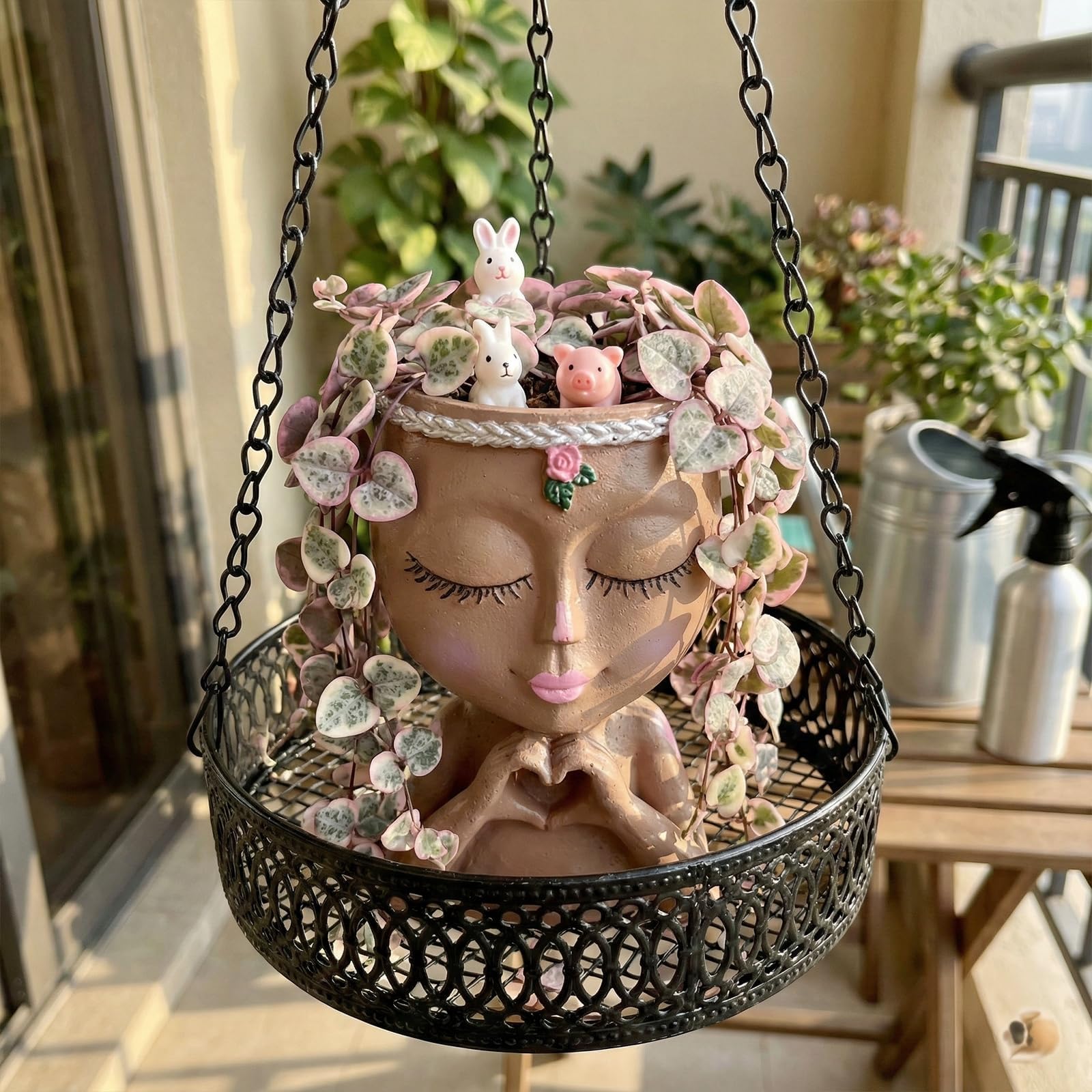 7.3" Heart Hands Face Planter Pot, Resin Head Planter with Drainage Hole, Cute Succulent Planter for Indoor Plants, Gardening Gift for Women, Mom & Teacher