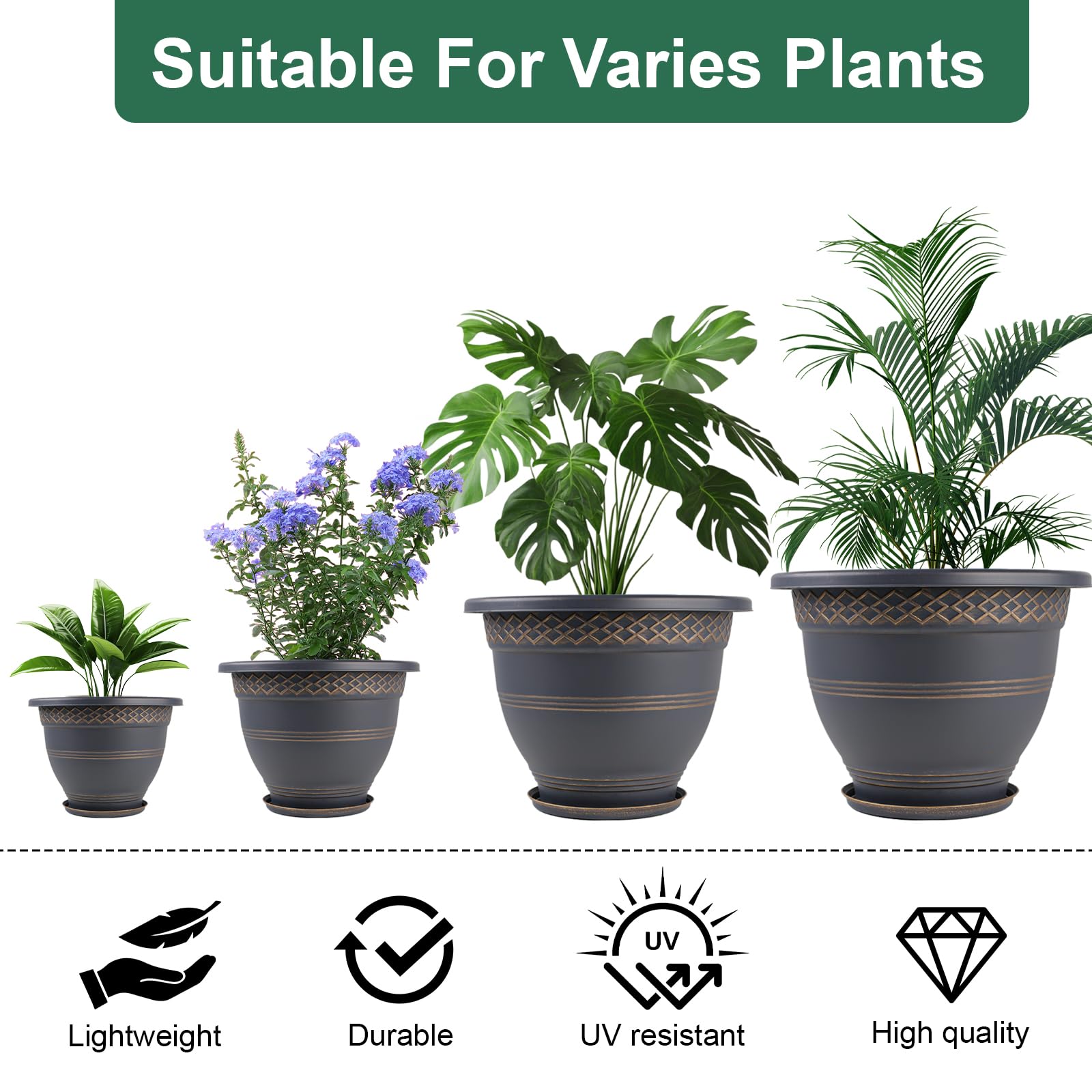 4 Pack 10 Inch Plastic Plant Pots with Drainage Holes & Saucers, Plaid Pattern Planters for Indoor Outdoor Herbs & Garden