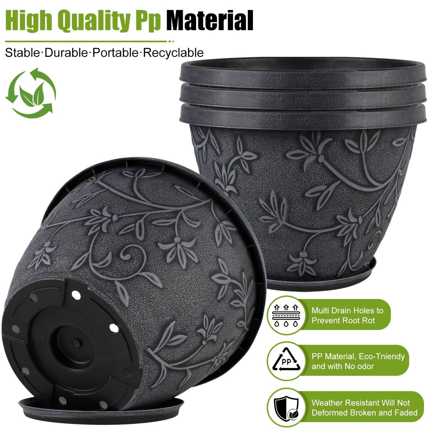 4 Pack 10 Inch Gray Imitation Magnolia Plant Pots, Lightweight Plastic Resin Flower Pots with Drainage Hole & Saucer for Indoor Outdoor Garden Home