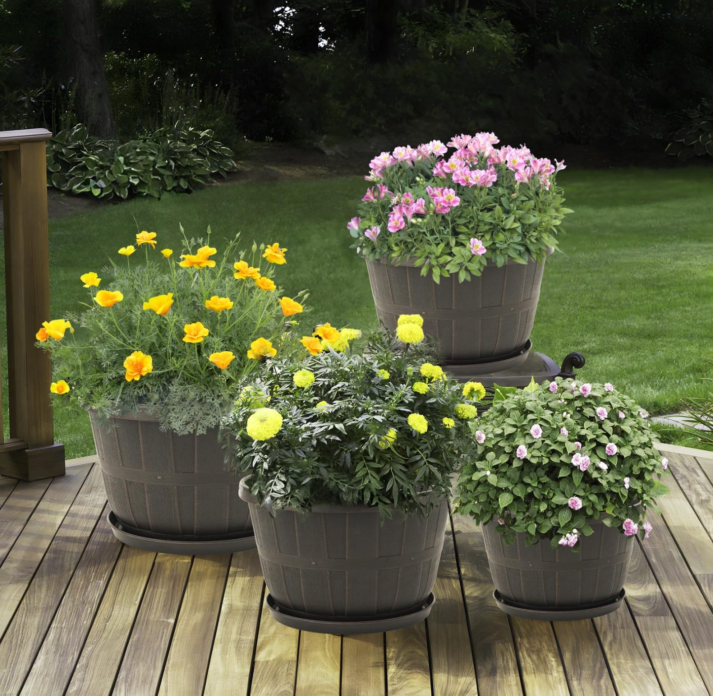 10 Inch Plastic Flower Pots 4 Pack, Large Outdoor Planter Pots with Drainage Holes & Saucers, Imitation Wine Barrel Design, Brown Planters for Indoor & Outdoor Garden Plants