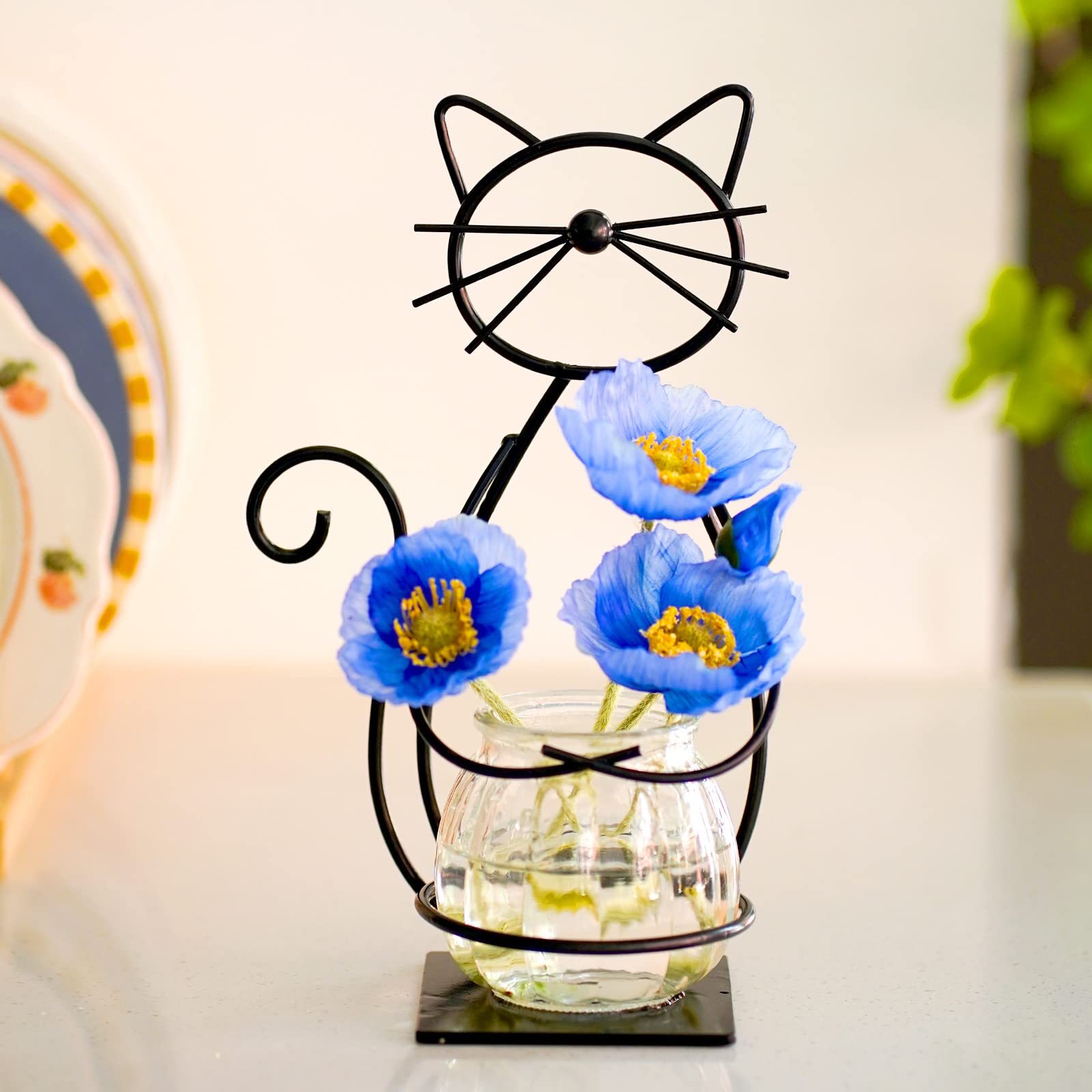 Metal Cat Desktop Glass Planter Vase Holder, Creative Plant Terrarium Stand for Home Patio Lawn Garden Decor