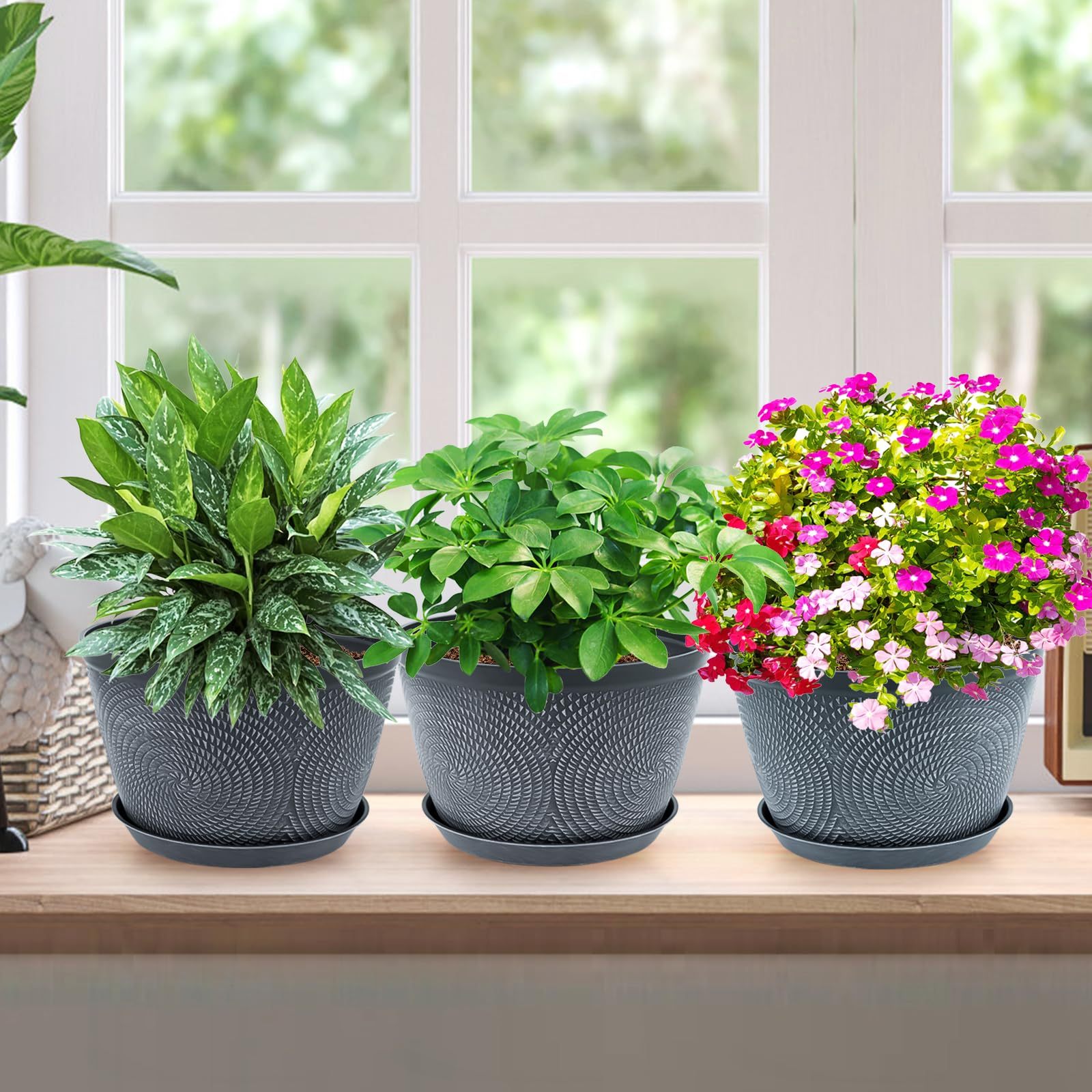 10 Inch Plastic Flower Pots 3 Pack, Indoor Outdoor Planters with Drainage Holes & Saucers, Modern Decorative Garden Plant Pots in Gray