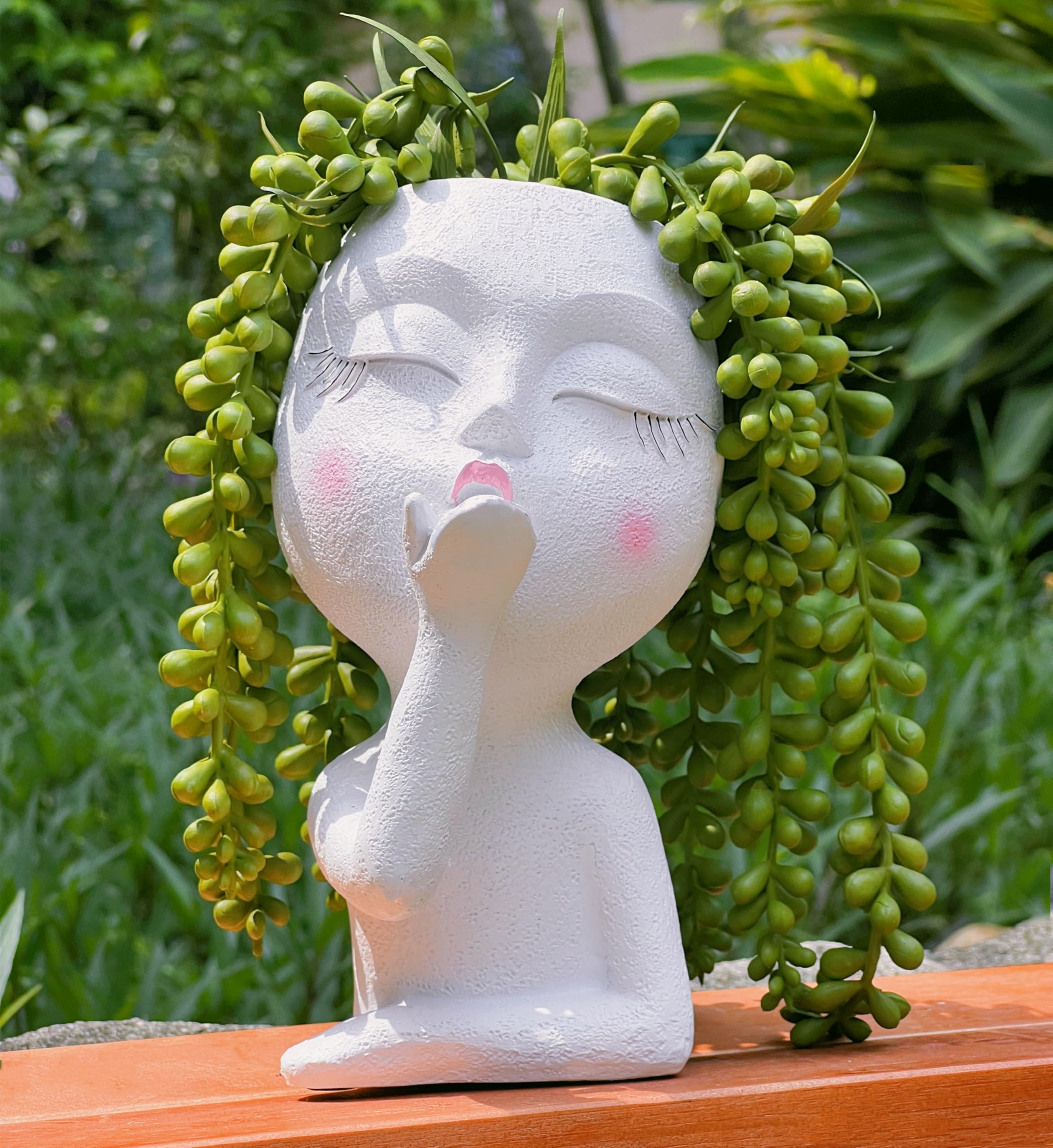 Handmade Face Planter Pot, Standing Air Kiss Head Planter for Trailing Plants & Succulents, Resin Funny Face Planter with Anti-Friction Pads, White 1 Pack