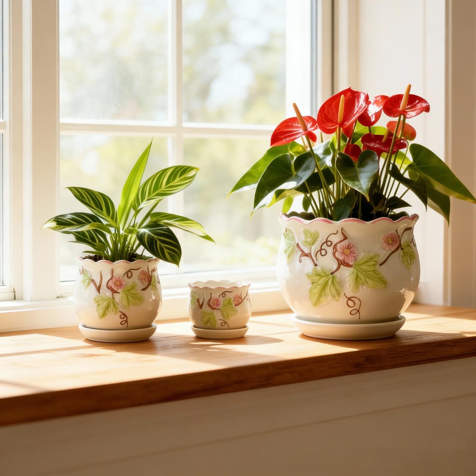 Set of 3 Vintage Ceramic Flower Pots, Round Retro Planters with Drainage Holes & Saucers, 6.7/5.2/3.9 Inch Plant Pots for Indoor Plants