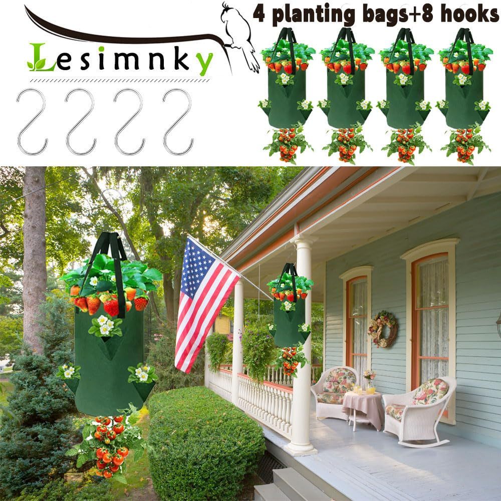 4 Pack Hanging Upside Down Strawberry Planters, 3 Gallon Grow Bags with 6 Planting Holes & 4 Hooks, Upside Down Hanging Planter Bags for Tomatoes & Vegetables (Dark Green)