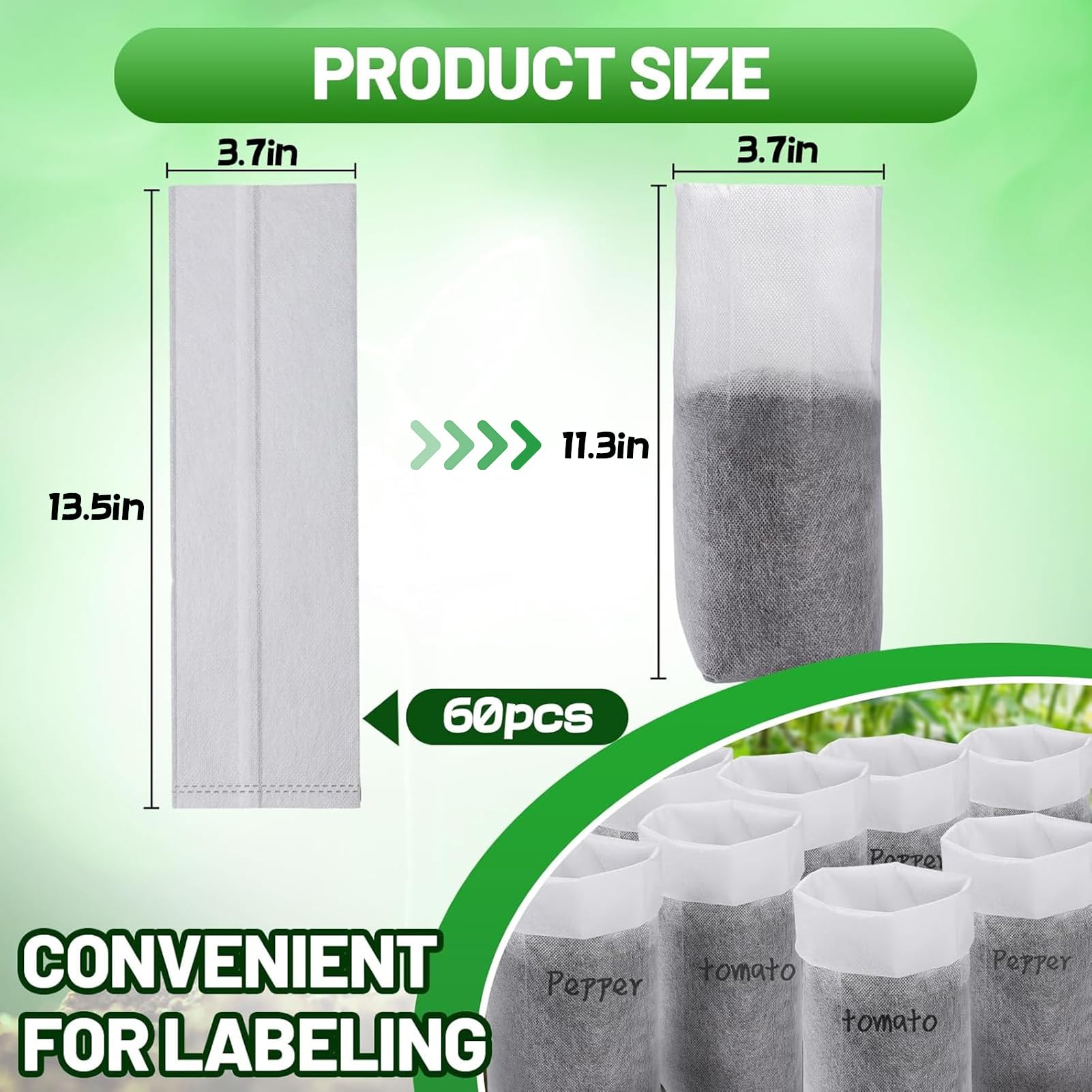 60 PCS 13.5''H Deep Nursery Grow Bags, Biodegradable Non-Woven Fabric Planting Pots for Indoor & Outdoor Seedlings, Vegetables, Flowers & Fruits