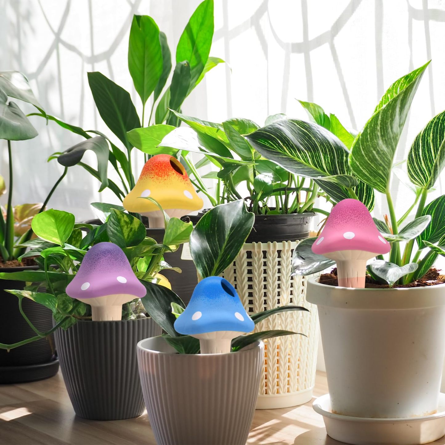 4 Pack Mushroom Shaped Terracotta Watering Spikes, Slow Release Self-Watering Devices, Automatic Plant Waterer for Indoor Outdoor Vacation Plant Care