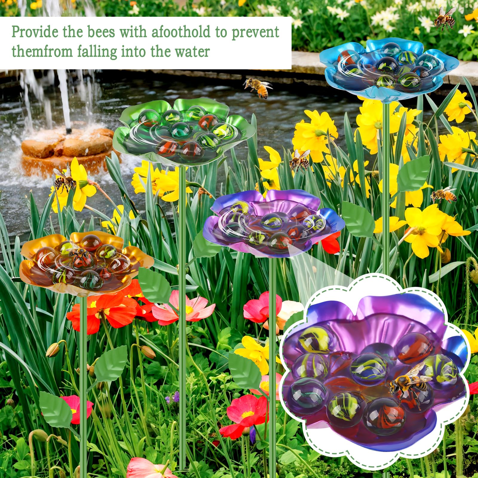 4 Pack Flower Shaped Bee Watering Station, Metal Bee Feeder with Glass Marbles, Outdoor Garden Butterfly & Bee Waterer Yard Decor