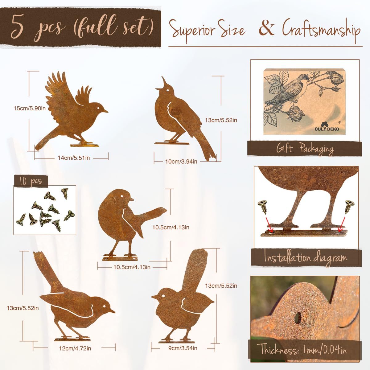 5 PCS Rustic Metal Bird Wall Decor, Outdoor Fence & Yard Art Sculptures, Rusty Garden Hanging Ornaments