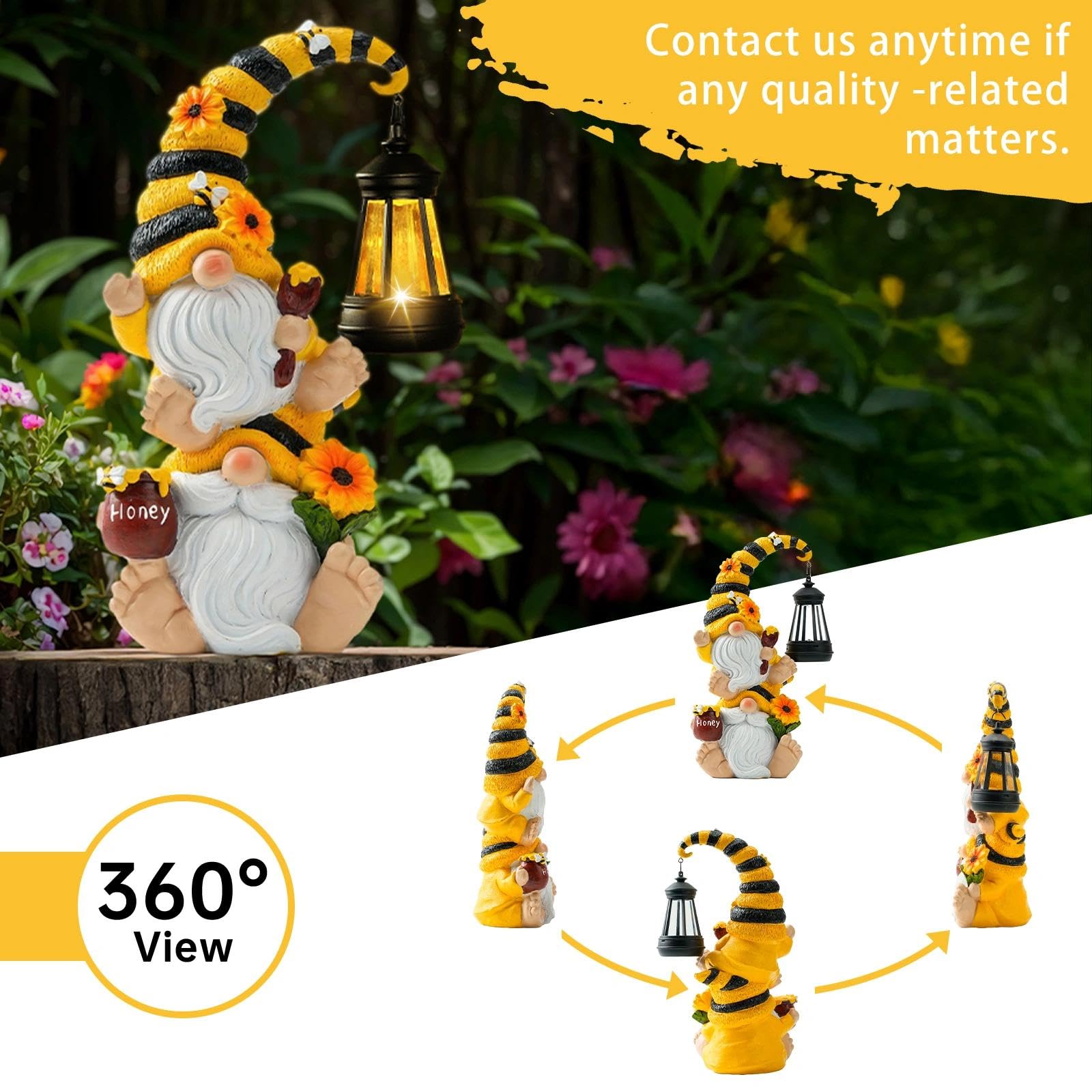 Solar Stacked Bee Gnome Statue with LED Lantern, Waterproof Resin Outdoor Yard Patio Decor, Unique Gift for Women, Mom and Grandma