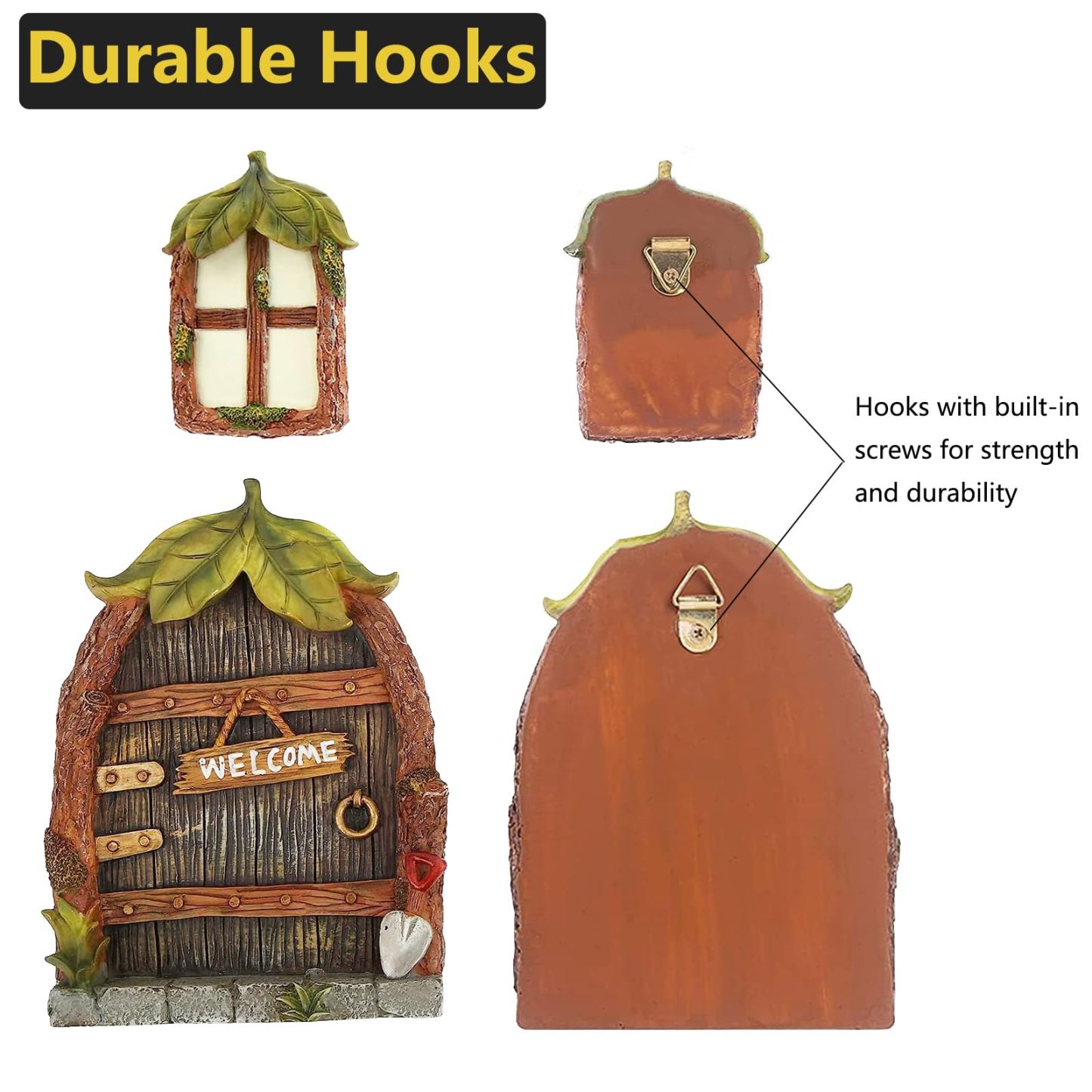 Glow in the Dark Fairy Door & Windows for Trees, Miniature Garden Decor with Lantern, Outdoor Yard Lawn Sculpture Ornament