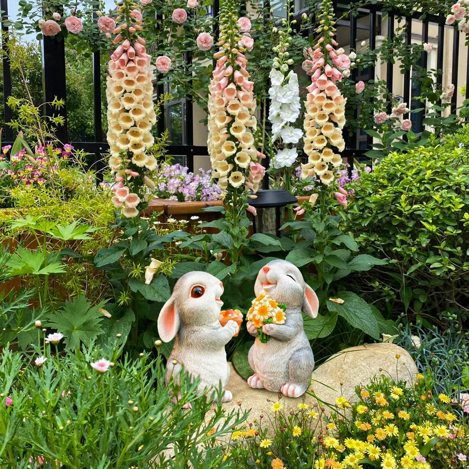 Solar Resin Rabbit Garden Statue with LED Sunflower Light, Outdoor Bunny Figurine Decor for Porch, Patio, Lawn & Yard, Perfect Gardening Gift for Mom, Women on Mother’s Day, Birthday & Christmas