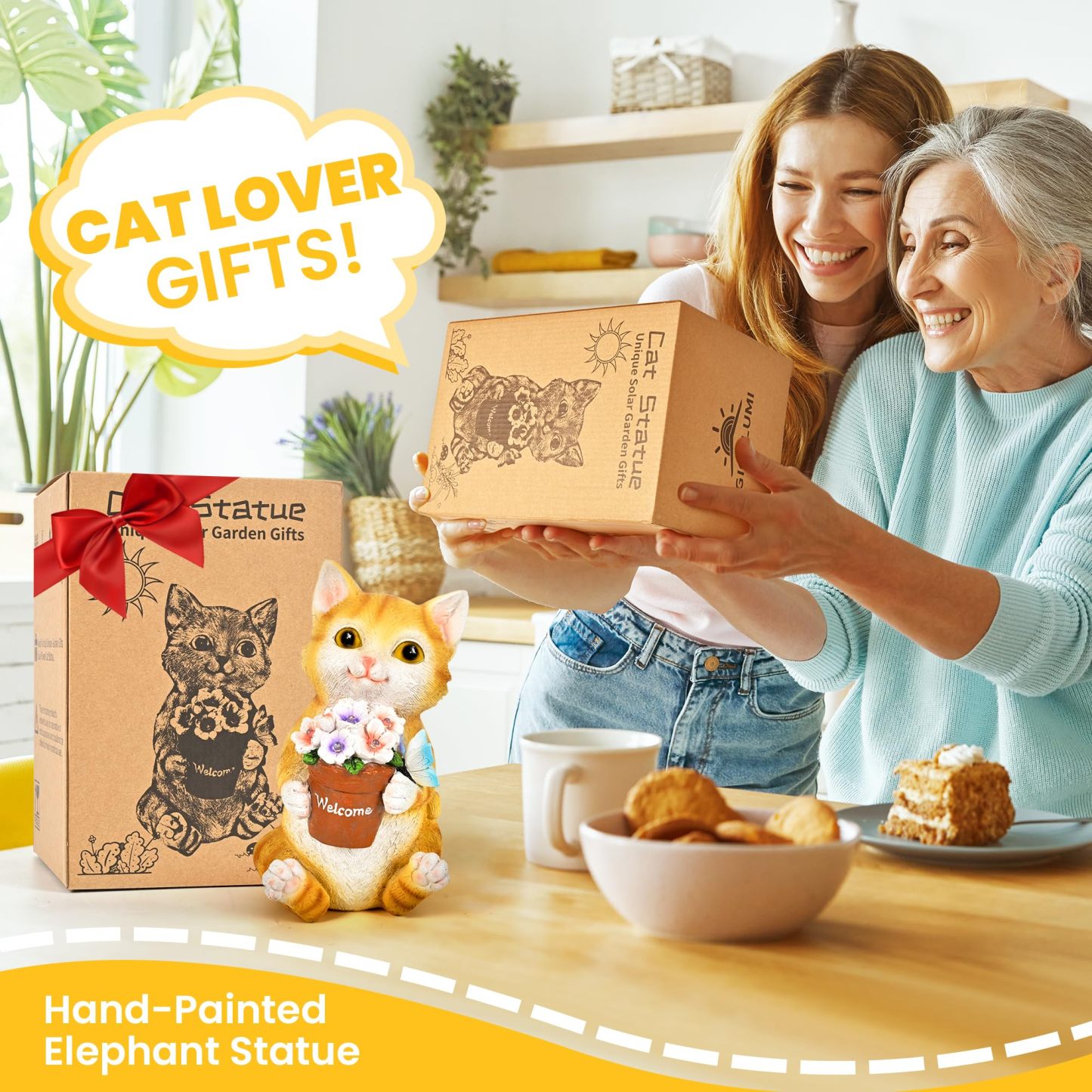 Solar Cat Flower Pot Garden Statue, Outdoor Decorative Cat Figurine for Patio, Yard, Lawn & Balcony, Ideal Birthday Gardening Gift for Women, Mom, Grandma and Seniors