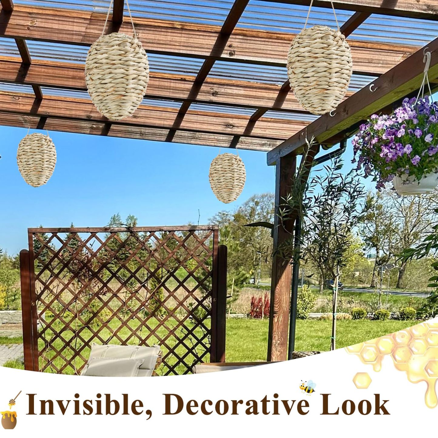 4Pcs Fake Wasp Hornet Nest Decoy, Woven Reed Waterproof, Patio Garden Eaves Decor & Wasp Deterrent