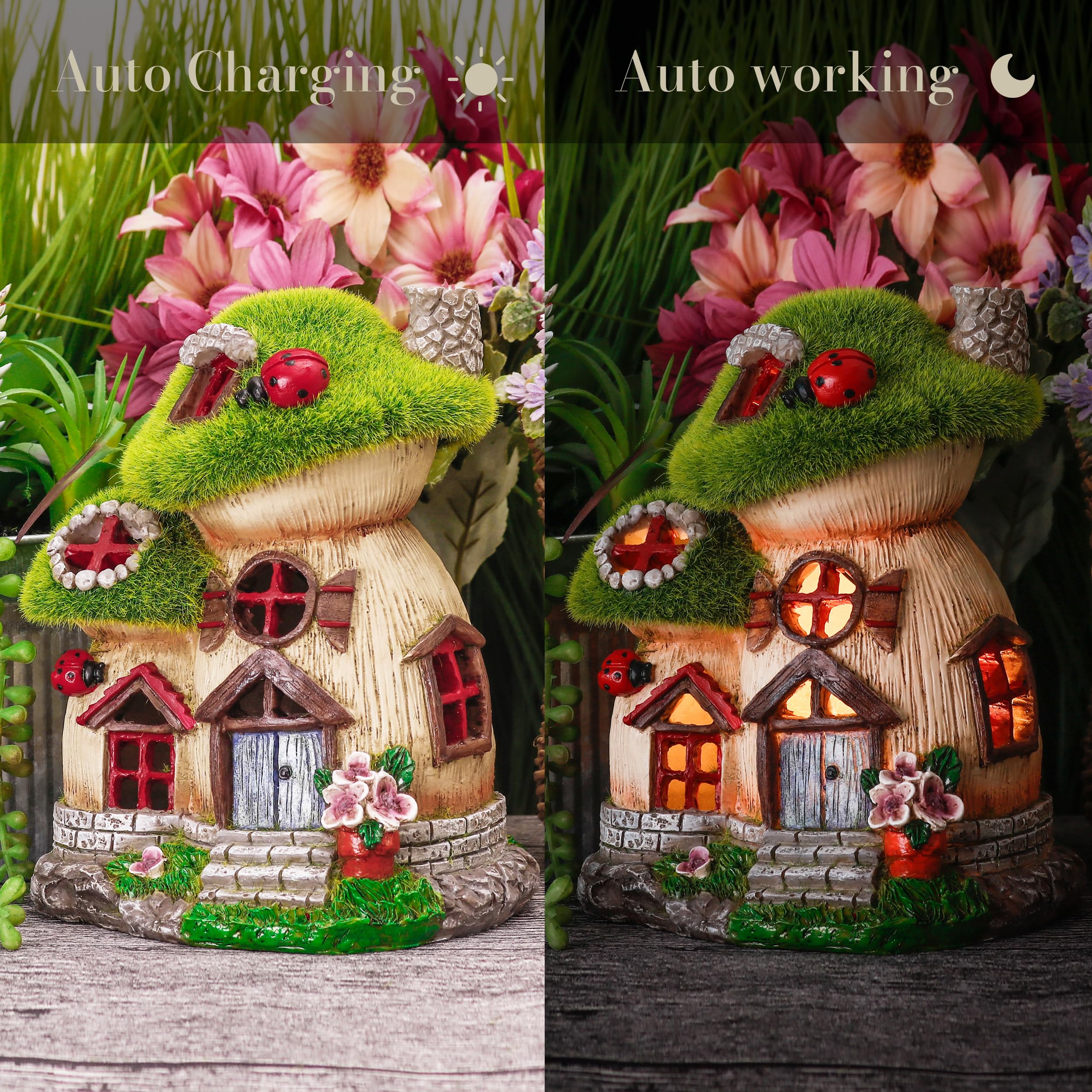 Solar Mushroom Fairy House Garden Statue, Green Flocked Resin Outdoor Decor with LED Light, Yard Patio Ornament & Gardening Gift for Mom, Women