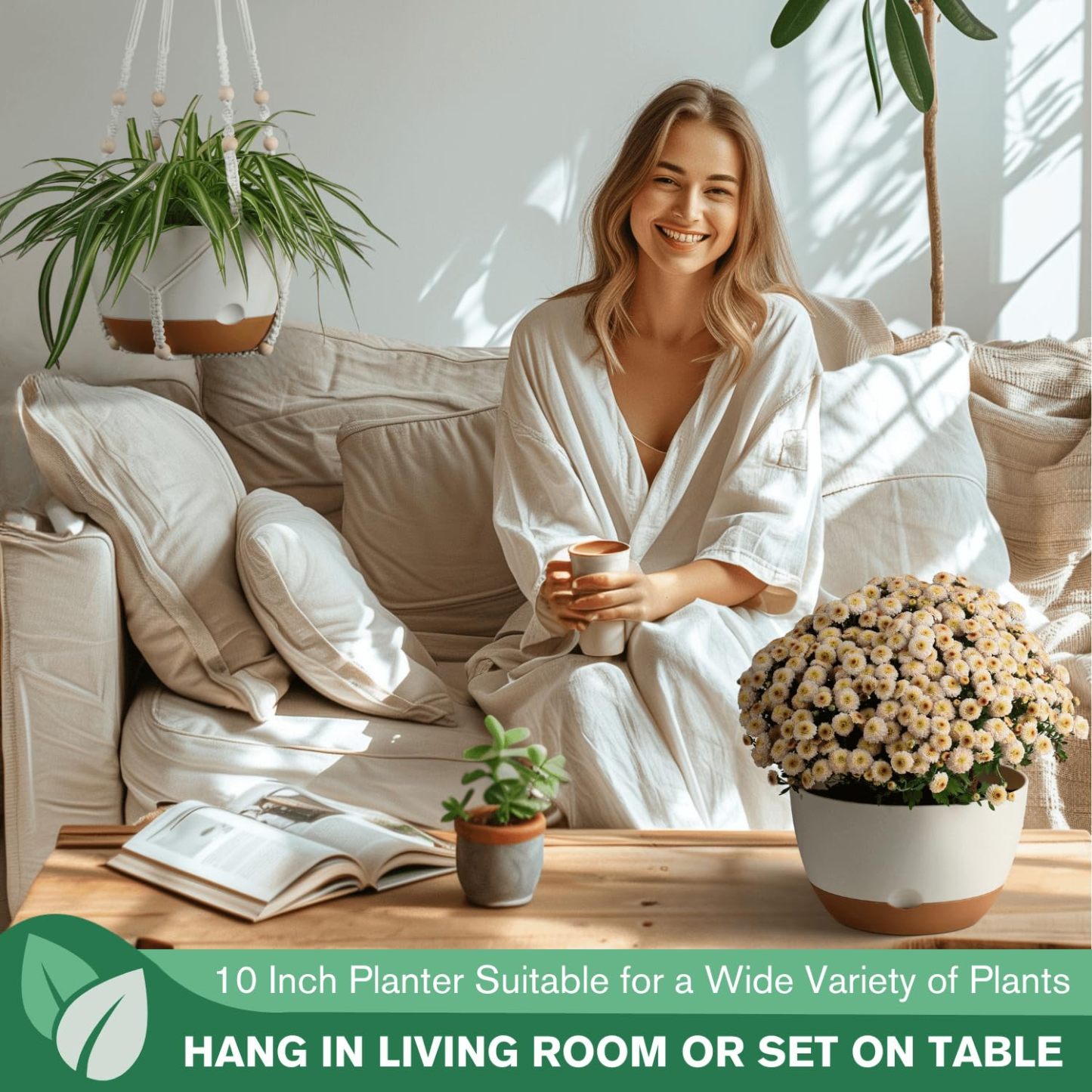 Set of 2 Pcs 10 Inch Self-Watering Hanging Planters, White Hanging Plant Pots with Drainage Hole, Outdoor Indoor Plant Baskets with 2 Types of Hangers