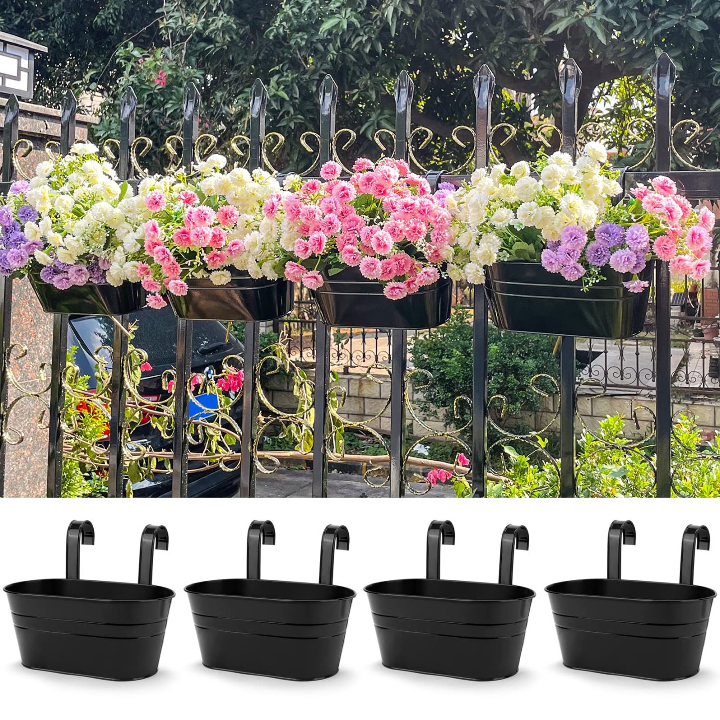 4 Pcs Metal Iron Hanging Flower Pots, Wall Mount Planter with Detachable Hooks, Indoor Outdoor Decor for Balcony, Railing, Fence and Garden