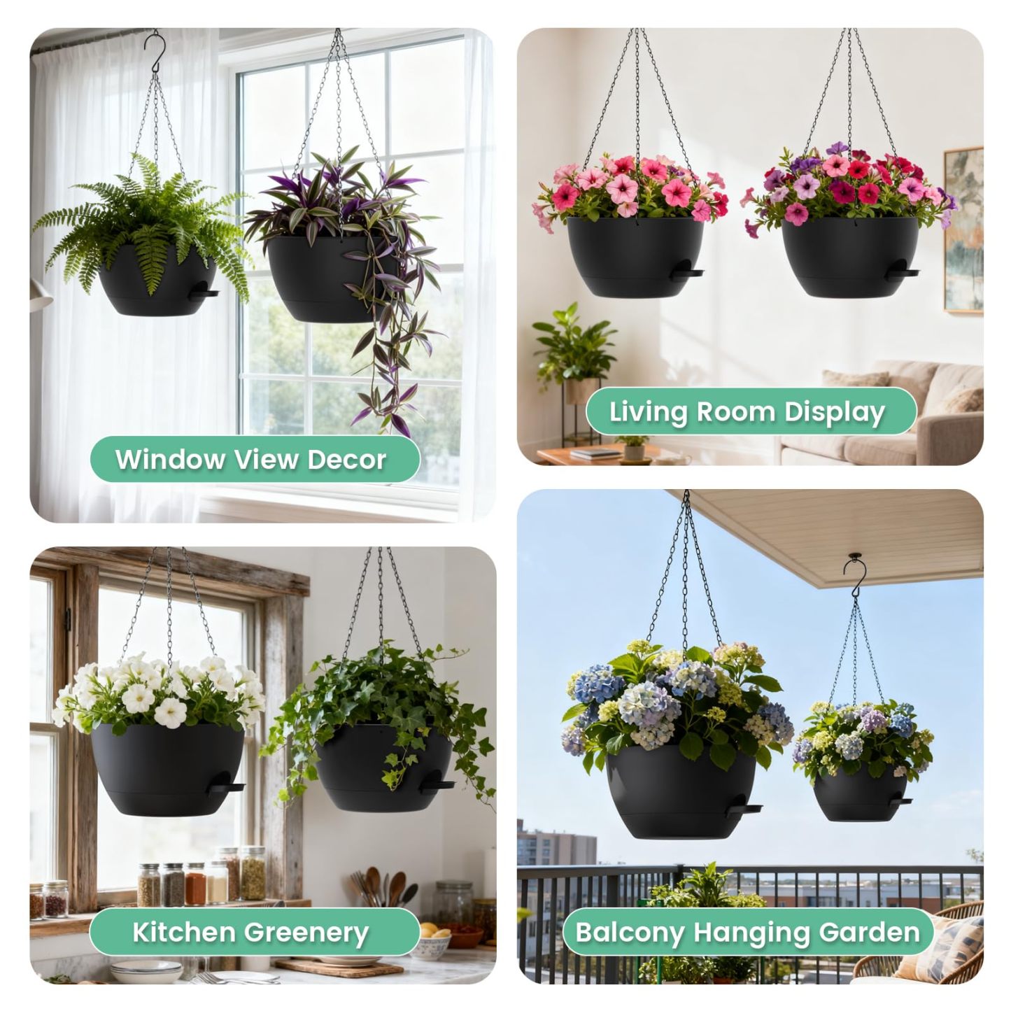 2 Pack 13 Inch Large Self Watering Hanging Planters, Plastic Hanging Plant Pots with Removable 50 Oz Water Reservoir, Indoor Outdoor Hanging Basket for Window, Porch, Garden, Balcony