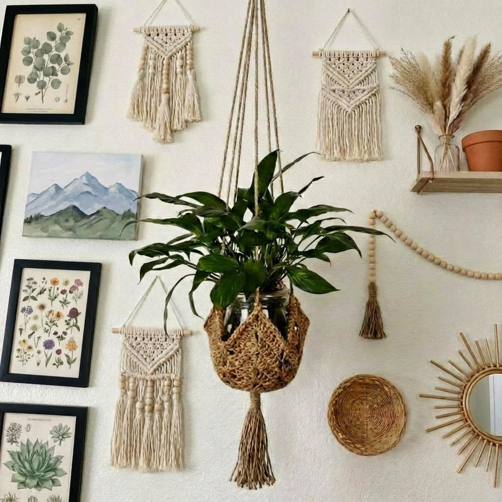 2 Pack Jute Crochet Plant Hanger, Long Macrame Plant Holder Rope with S-Hooks, Fits 3–12 Inch Pots, Boho Wall Hanging Decor for Halloween & Home