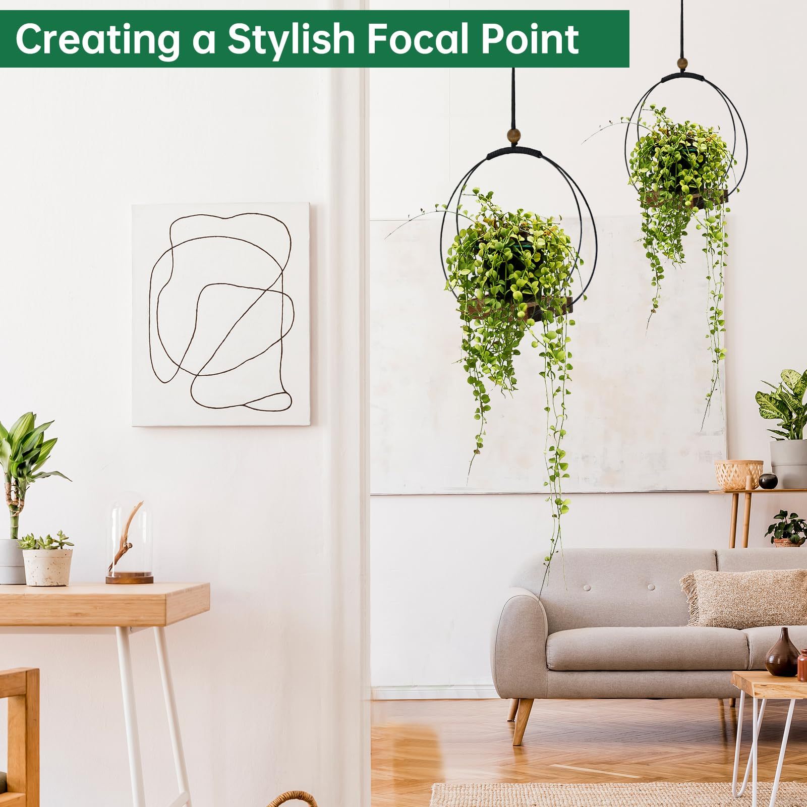 Modern Boho Macrame Plant Hanger, Black Indoor Hanging Planter with Sturdy Wood Base, Wall Ceiling Window Plant Holder for 3–5.5 Inch Pots, Home Decor, Pot Not Included