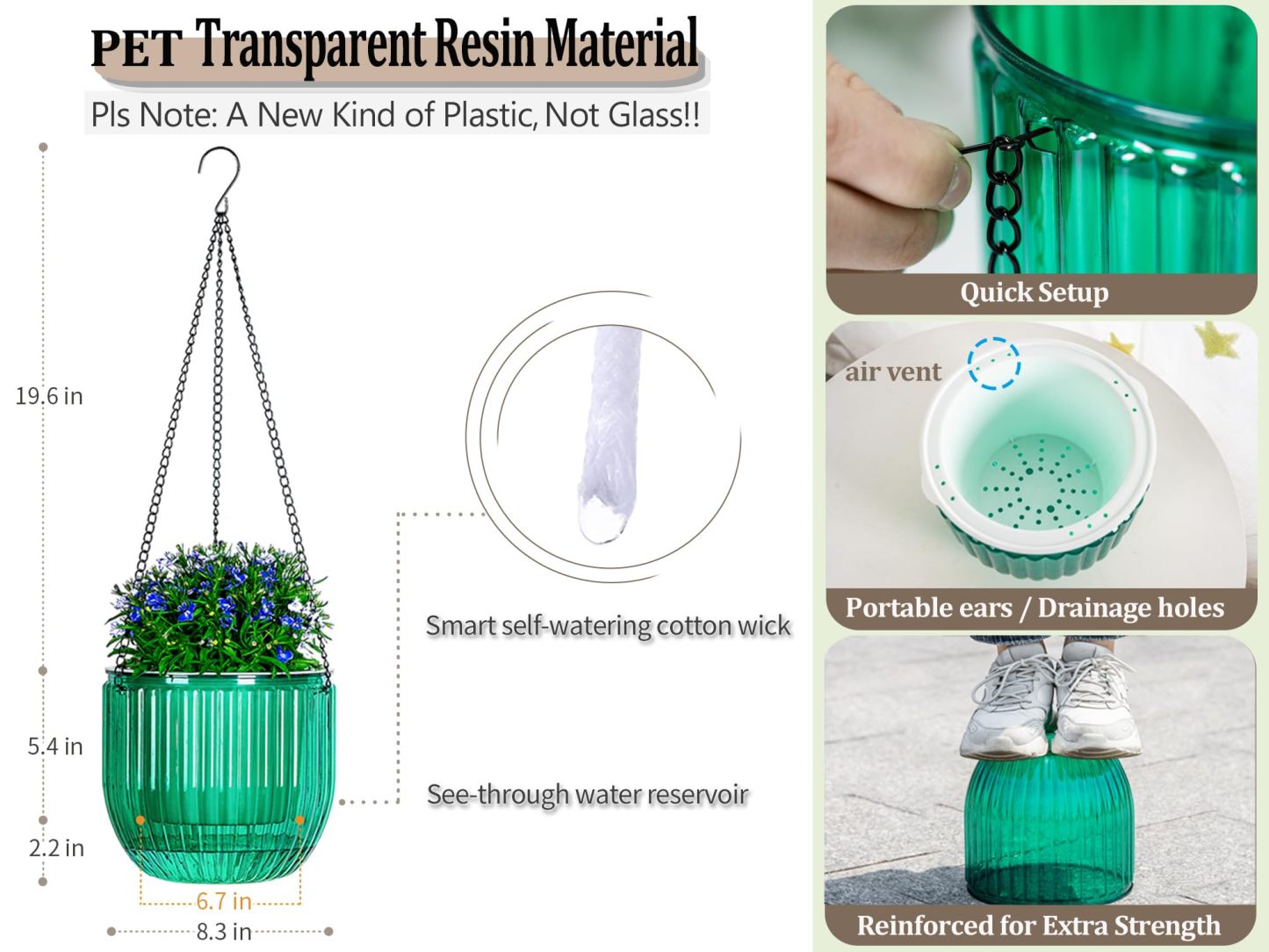 1 Pack 8.3 Inch Self Watering Hanging Planter, Indoor Outdoor Hanging Flower Pot Basket with 3 Hooks and Drainage Holes for Home Garden Decor