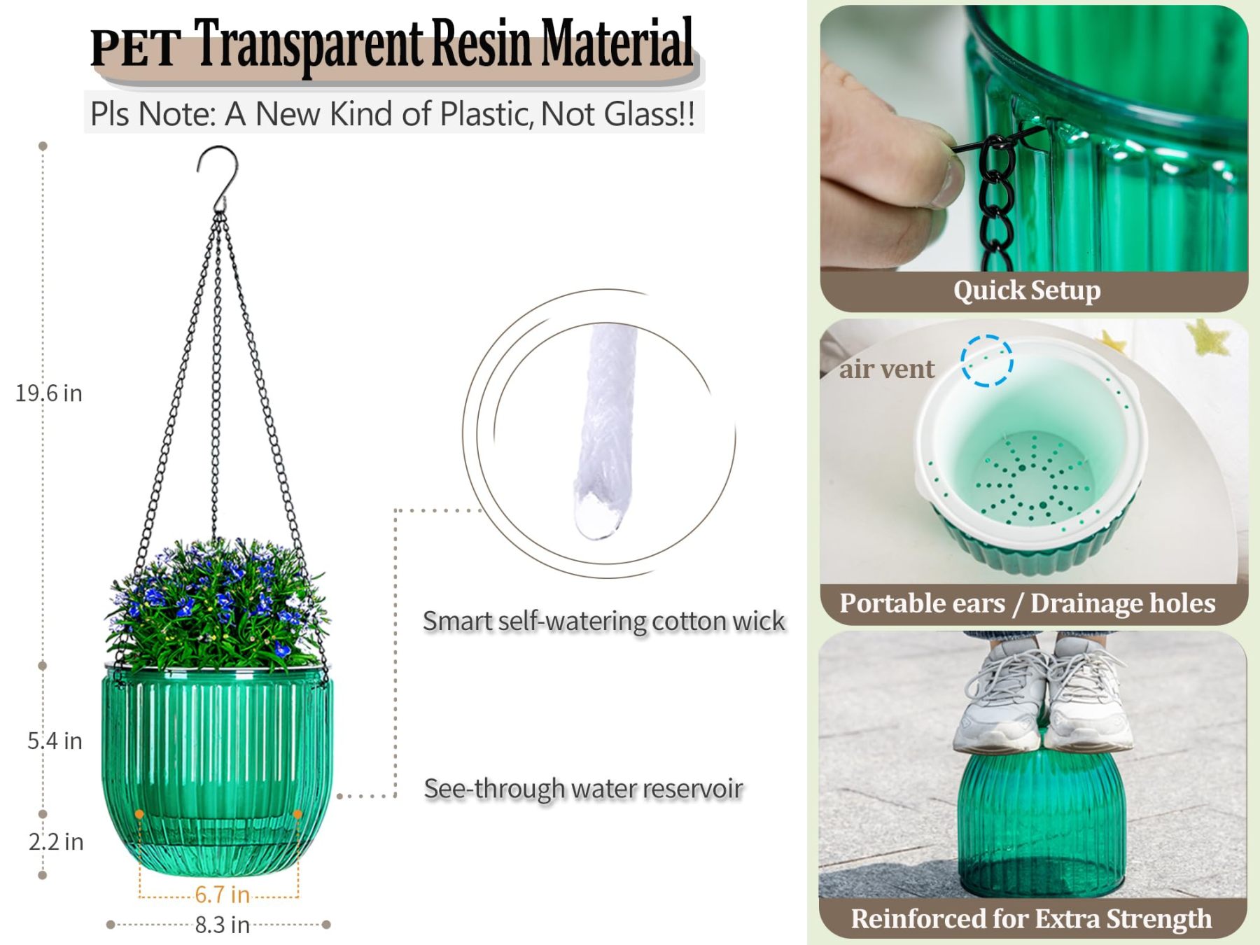 1 Pack 8.3 Inch Self Watering Hanging Planter, Indoor Outdoor Hanging Flower Pot Basket with 3 Hooks and Drainage Holes for Home Garden Decor