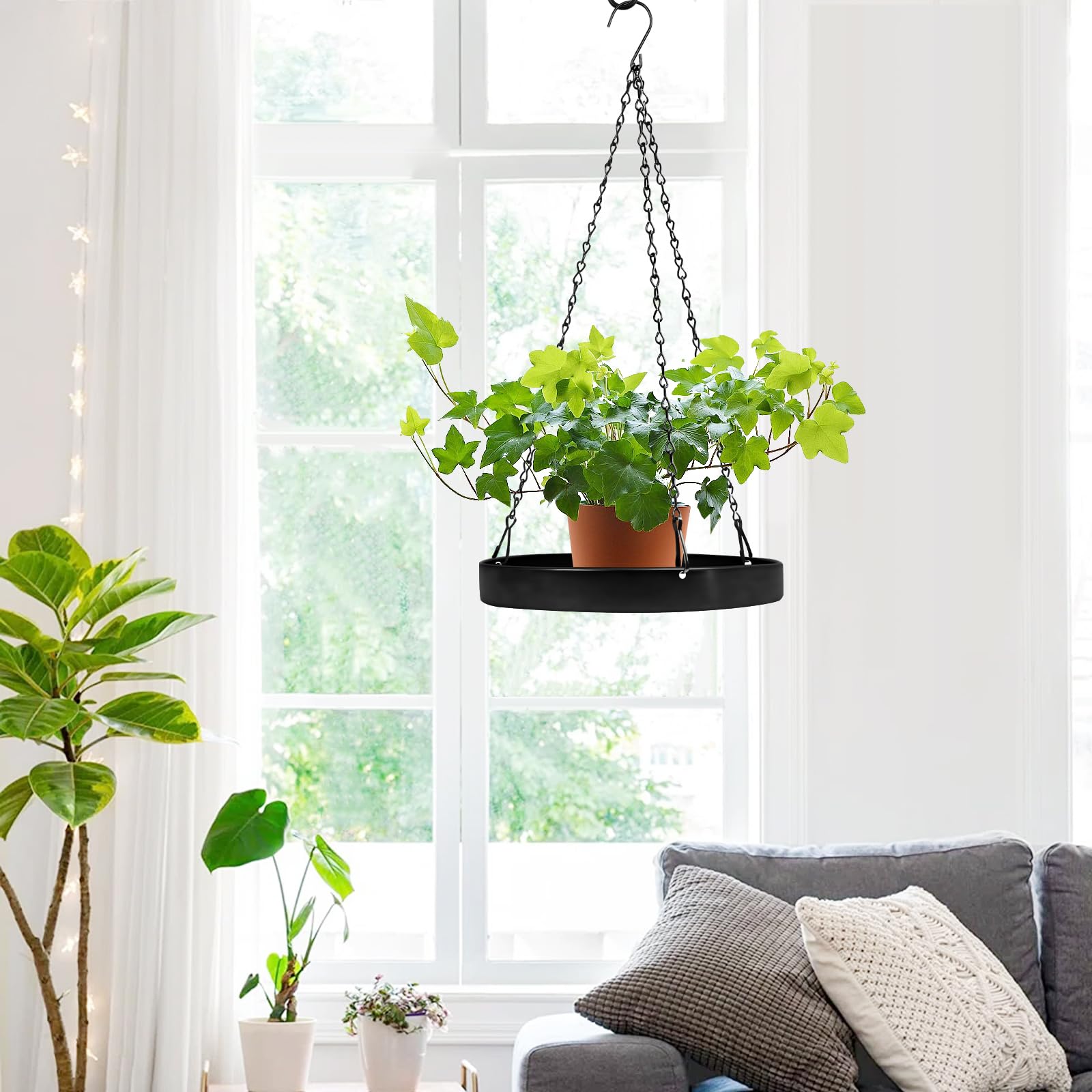 2 Pack Black Metal Plant Hanger, Indoor Outdoor Hanging Planter Basket with Tray, Window Plant Holder & Hanging Plant Shelf for Plants