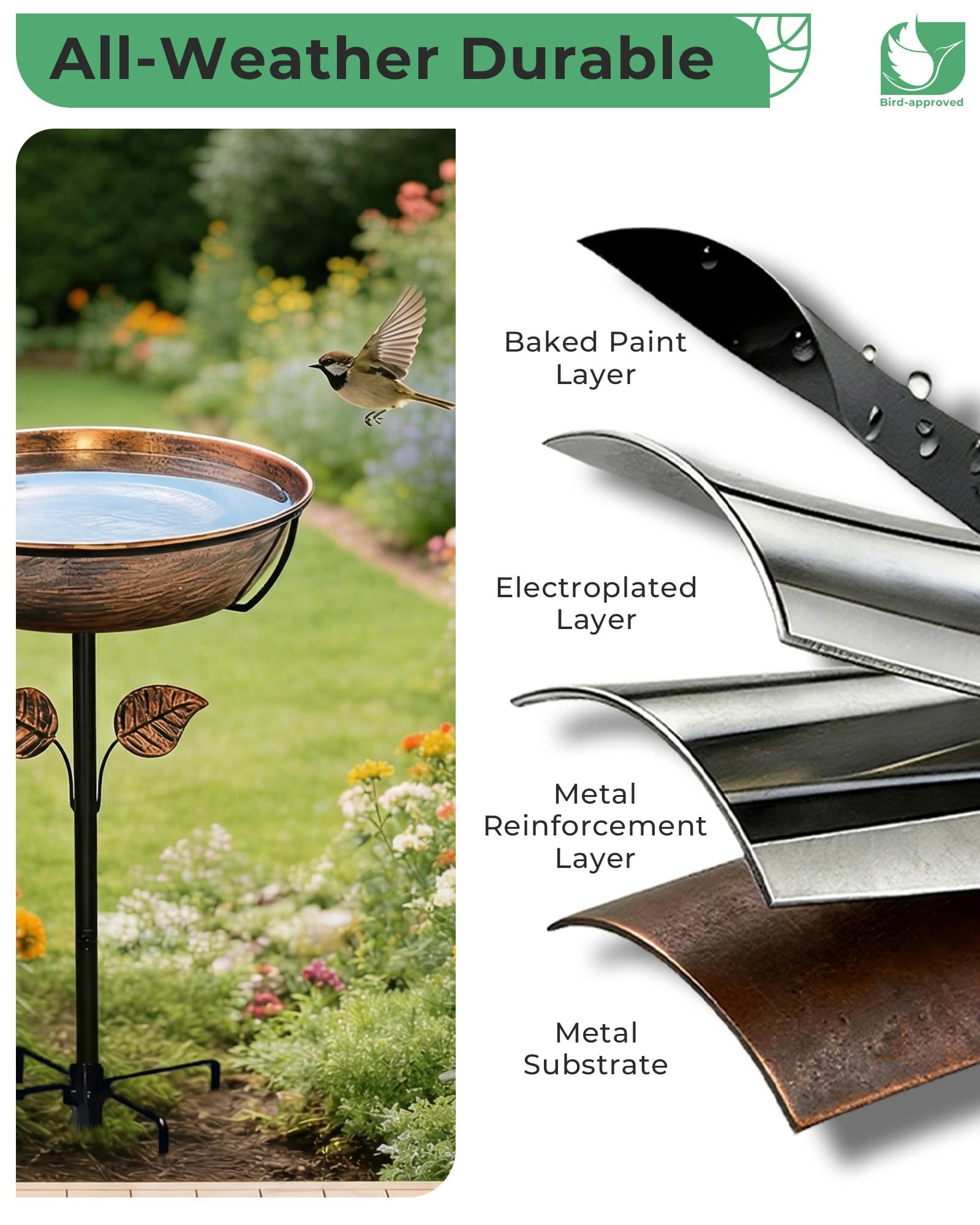 13" Dia 3" Deep Metal Bird Bath for Outdoors, Removable Bowl with Stable Upgrades Stake, 1.4 Gallon Easy Clean Birdbath for Garden Yard Lawn Decoration