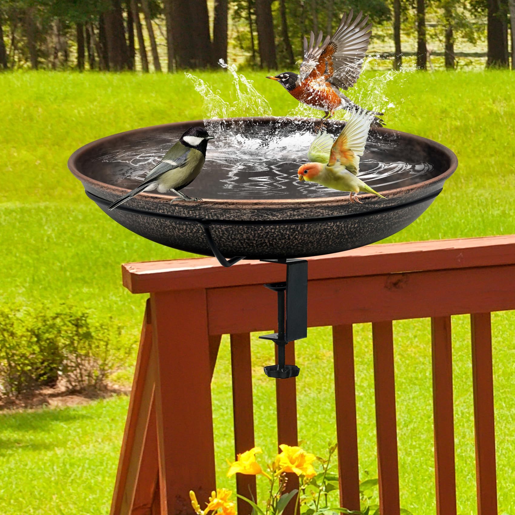Deck Mounted Metal Bird Bath, 12" Detachable Easy Clean Bowl 0.7 Gallon, Adjustable Sturdy Clamp Birdbath for Railing Balcony Fence Outdoor Decor