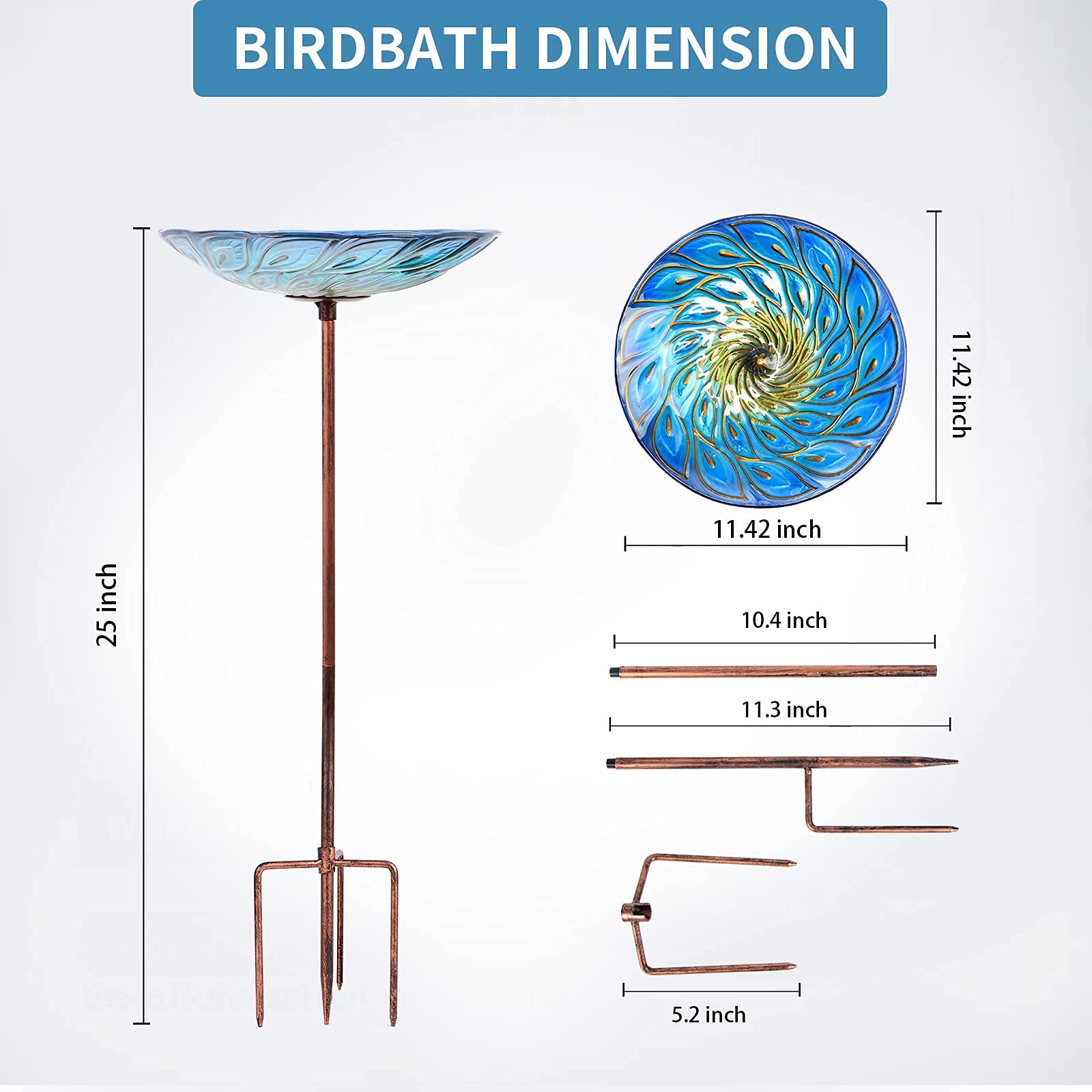 Peacock Glass Bird Bath, Outdoor Garden Bird Bath Birdfeeder with Metal Stake