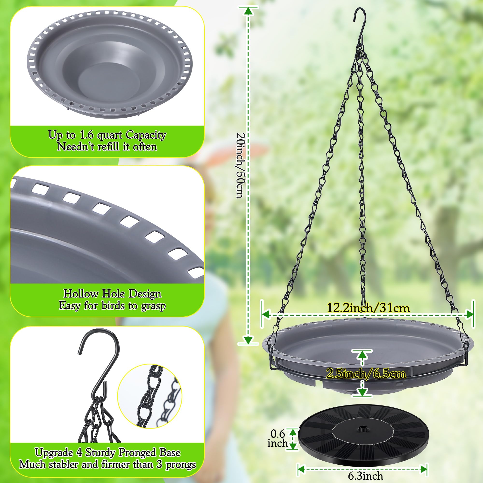 Hanging Solar Bird Bath Fountain, Solar Powered Hummingbird Water Fountain Pump Set with 4 Water Patterns for Garden Yard Patio Lawn