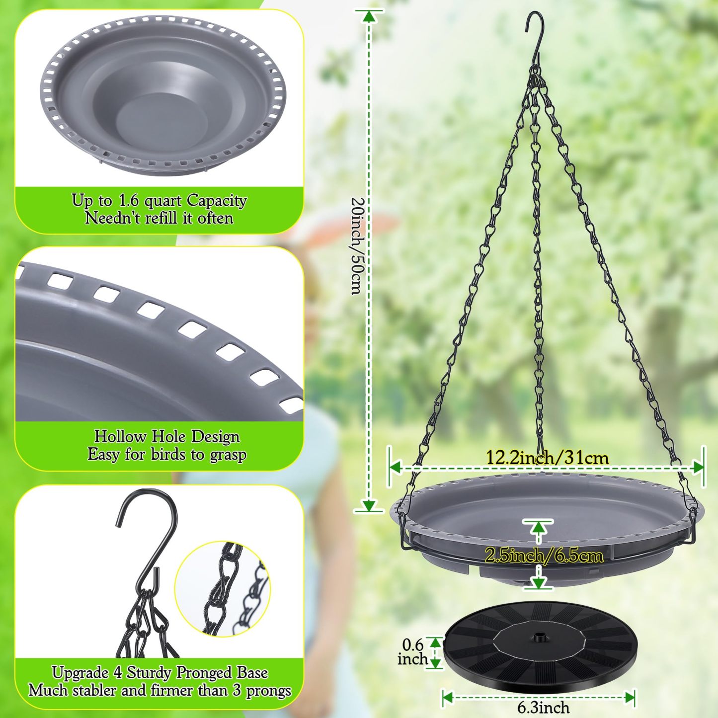 Hanging Solar Bird Bath Fountain, Solar Powered Hummingbird Water Fountain Pump Set with 4 Water Patterns for Garden Yard Patio Lawn