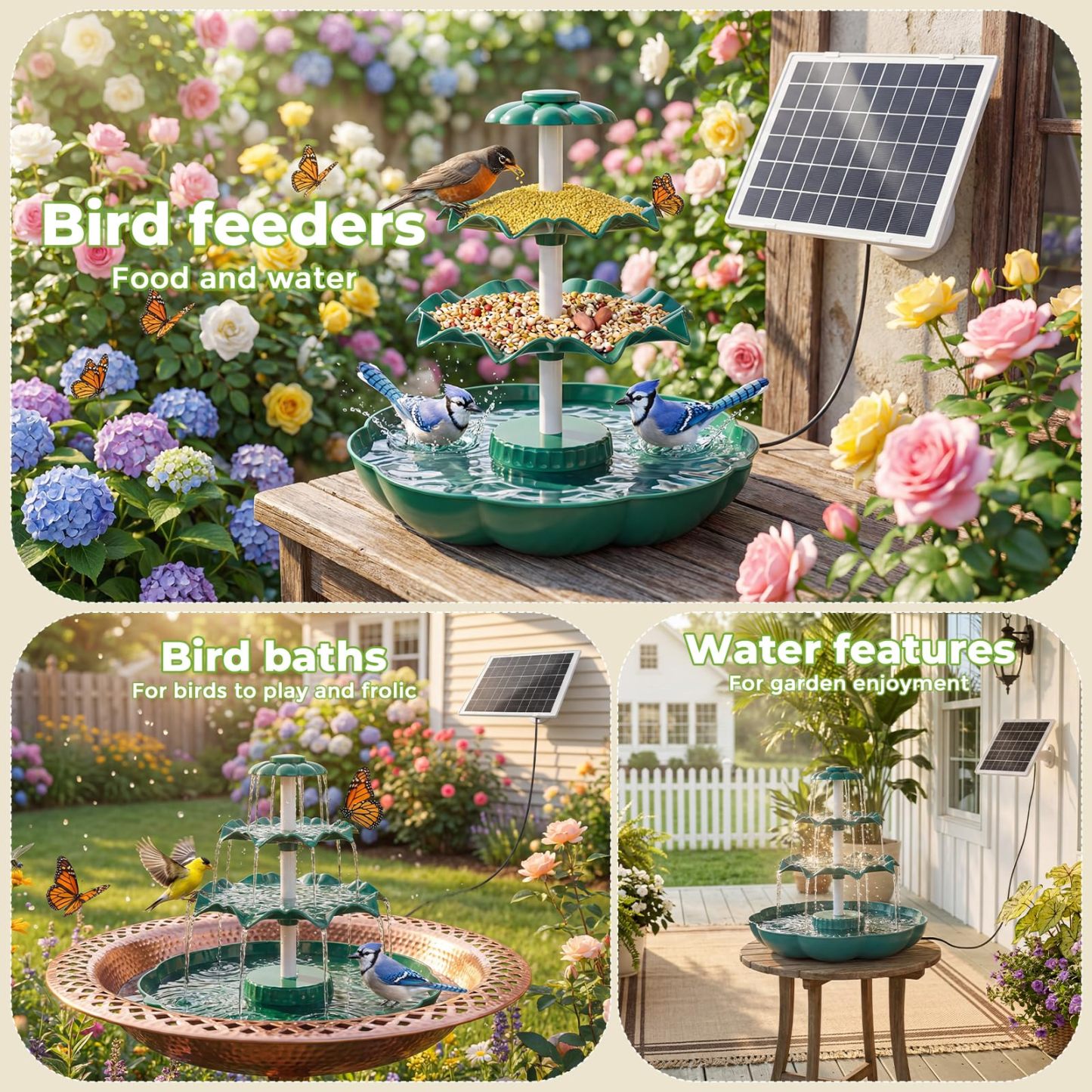6.5W Solar Bird Bath Fountain, 3-Tiered Waterfall with 9 Water Streams, Detachable Solar Pump Resin Garden Bird Feeder Decor for Outdoor Yard Lawn