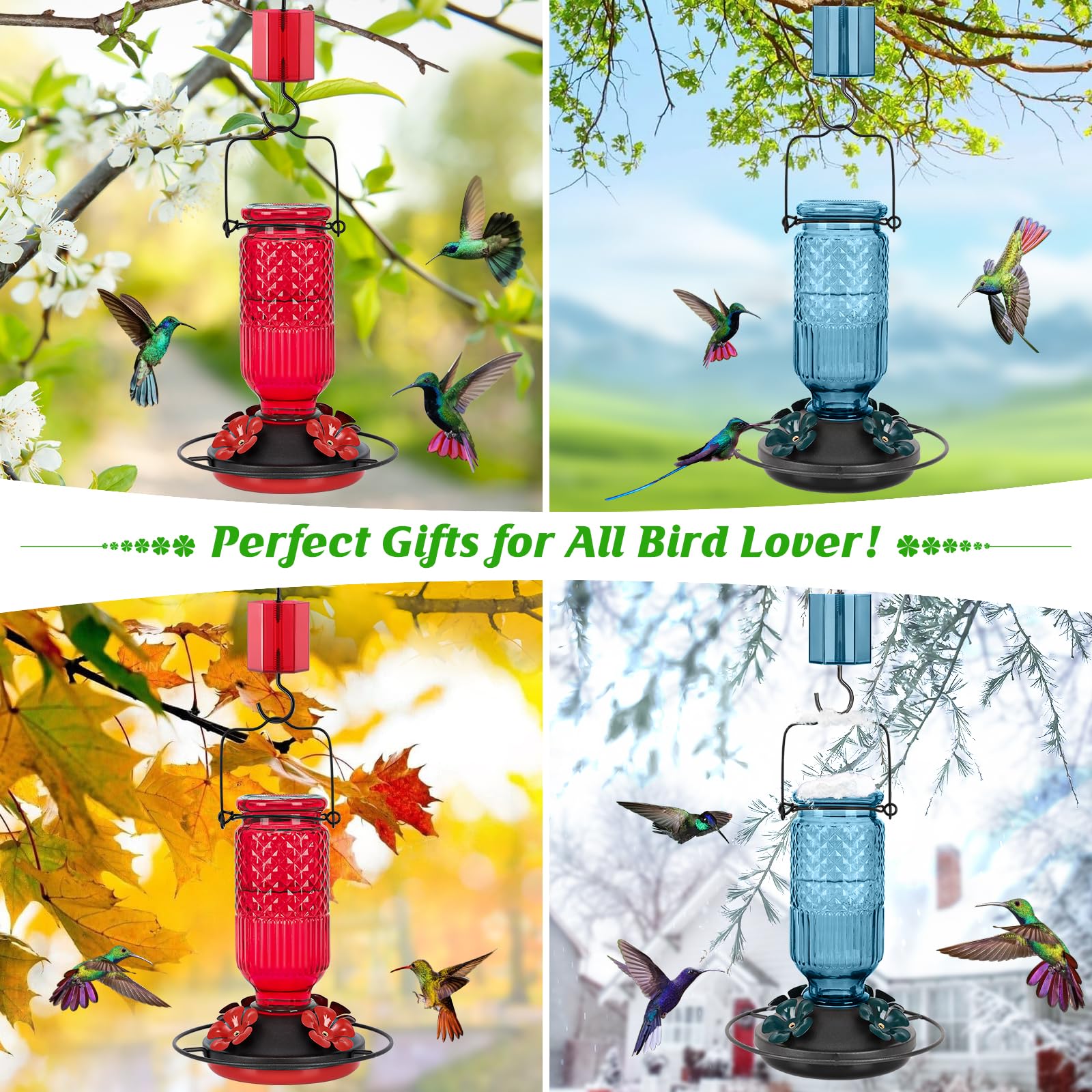 16oz Glass Hummingbird Feeder, Hanging Bird Feeder with Ant Moat, 4 Bee-Proof Feeding Ports & 360° Perch, Leak-Proof Red Design for Outdoor Garden