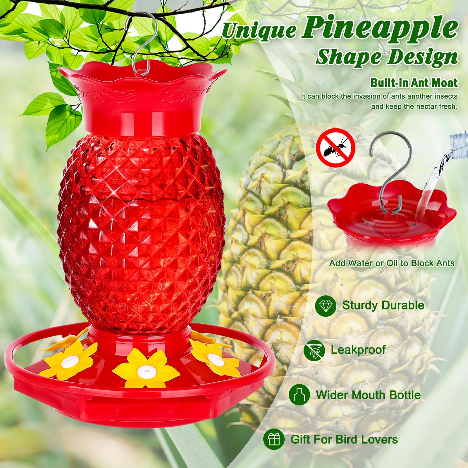 2 Pack Red Pineapple Glass Hummingbird Feeders, 16oz Hanging Outdoor Bird Feeder, 6 Feeding Ports 360° Perch, Bee & Ant Proof Leakproof Easy Clean, Perfect Gifts for Mom